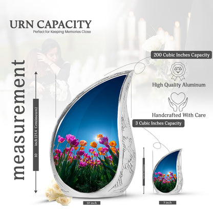 Misty Blue Garden Tulip Cremation Urn angled view of lid and engraved motif - rounded teardrop garden tulip design with delicate detail - mini keepsake memorial for portion of cremation ashes