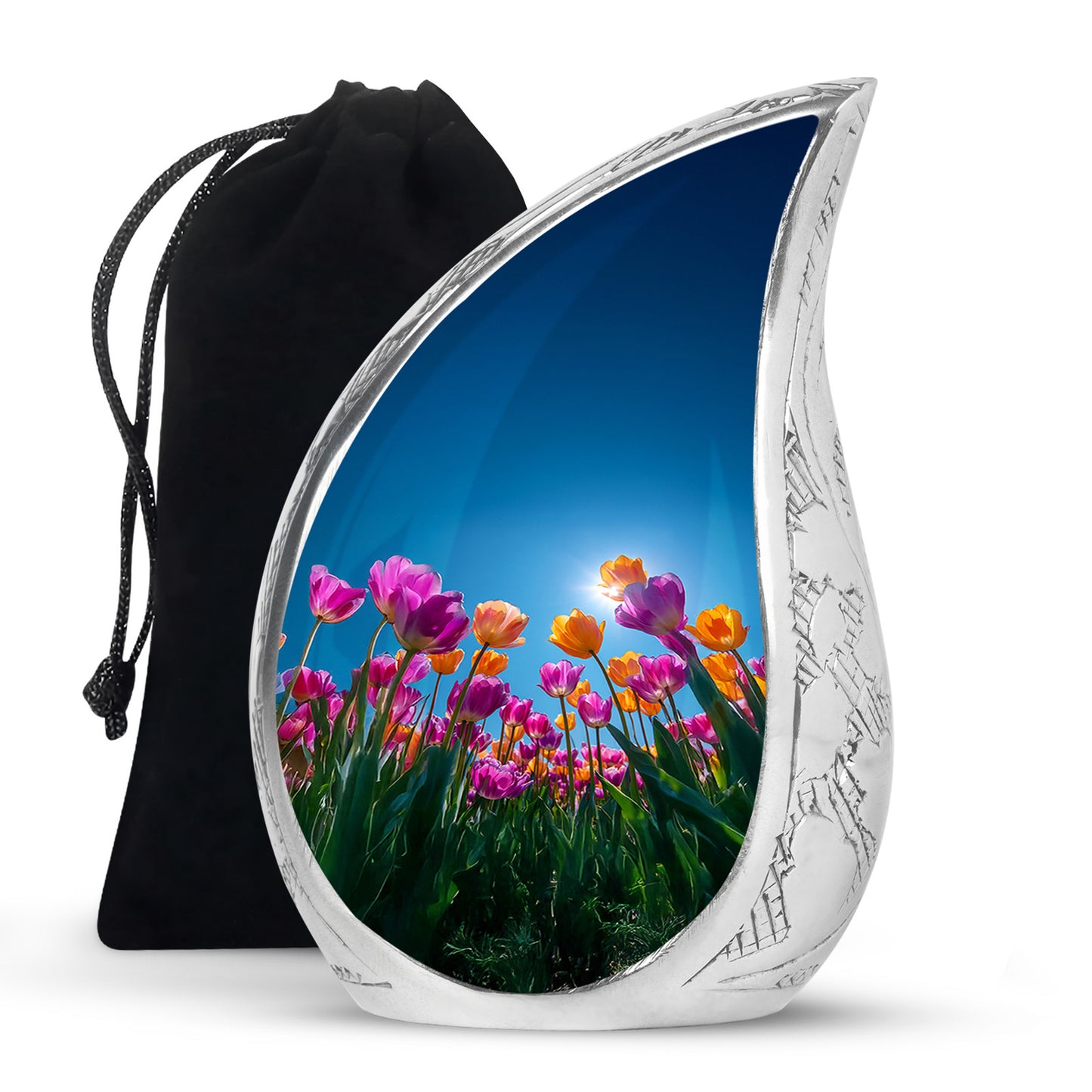 Soft Blue Garden Tulip Cremation Urn front view showing detailed design - graceful tear-shaped urn with garden tulip motif - full-size 10 inch 200 cubic inch adult cremation urn