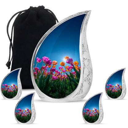 Steel Blue Garden Tulip Cremation Urn side profile showing urn shape - graceful tear-shaped urn with garden tulip motif - memorial set with one large and four small urns