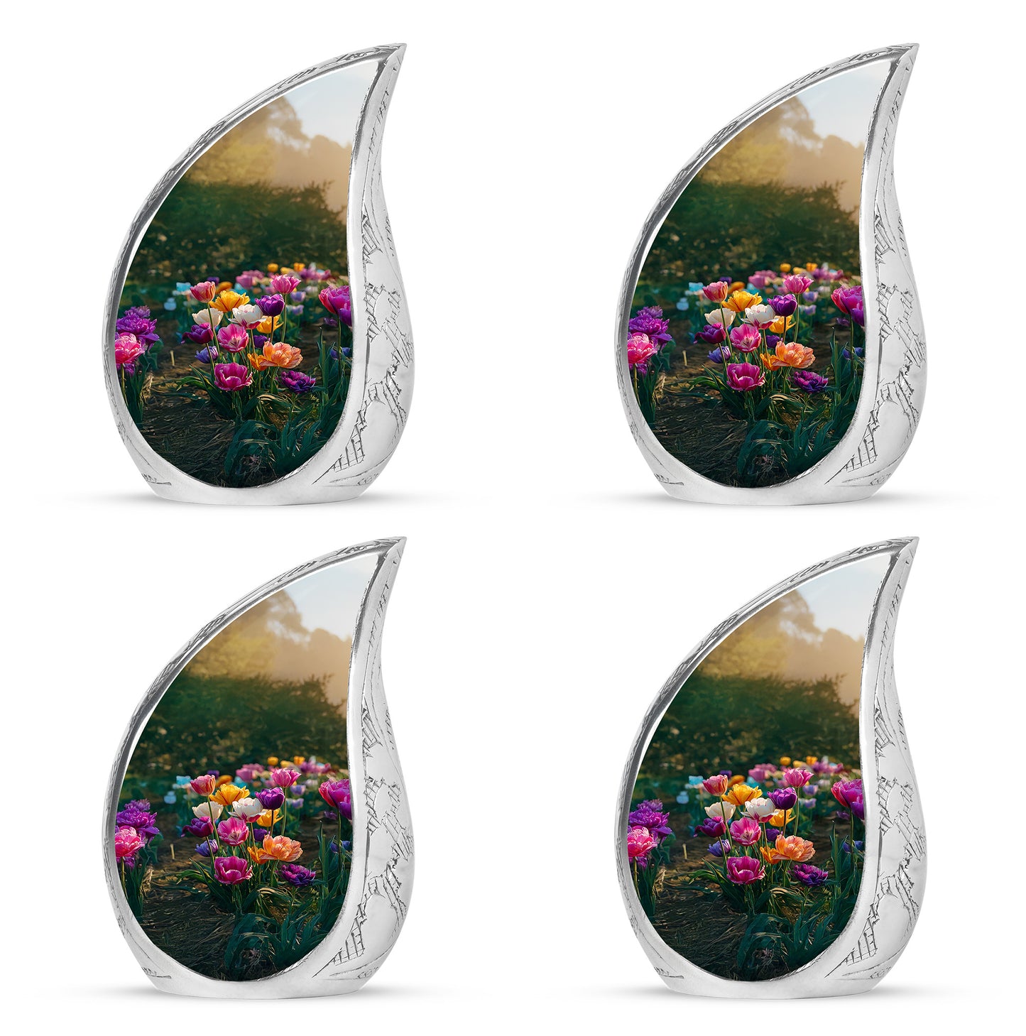 Jade Green Garden Tulip Cremation Urn close-up of engraving and surface detail - rounded teardrop garden tulip design with delicate detail - 10 inch aluminum urn for cremated remains