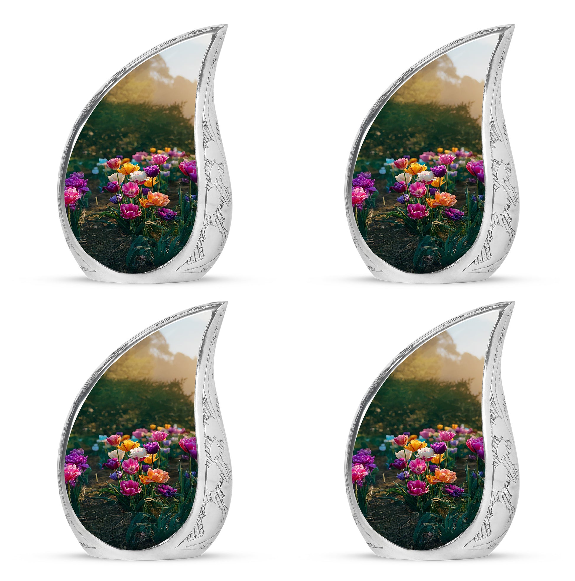 Jade Green Garden Tulip Cremation Urn close-up of engraving and surface detail - rounded teardrop garden tulip design with delicate detail - 10 inch aluminum urn for cremated remains