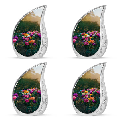 Jade Green Garden Tulip Cremation Urn close-up of engraving and surface detail - rounded teardrop garden tulip design with delicate detail - 10 inch aluminum urn for cremated remains