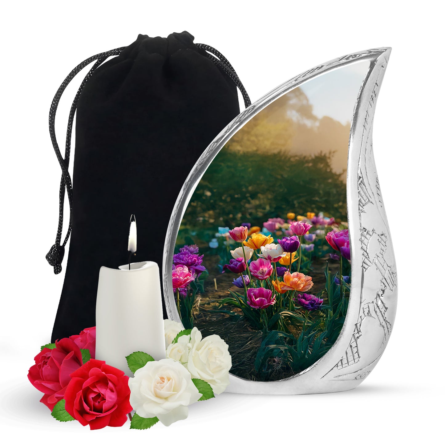 Emerald Green Garden Tulip Cremation Urn front view showing detailed design - rounded teardrop garden tulip design with delicate detail - full-size 10 inch 200 cubic inch adult cremation urn