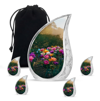 Emerald Green Garden Tulip Cremation Urn side profile showing urn shape - flowing teardrop garden tulip silhouette on curved aluminum - memorial set with one large and four small urns