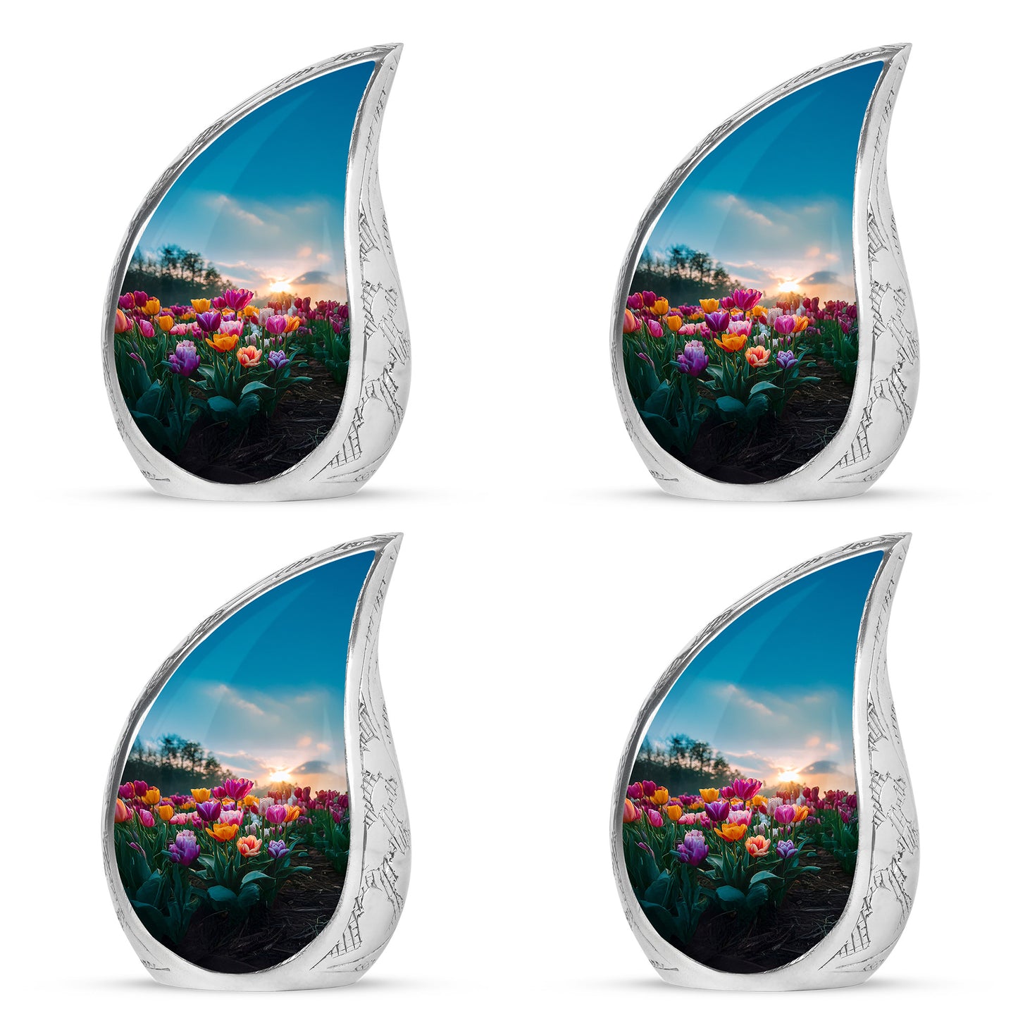 Twilight Blue Garden Tulip Cremation Urn close-up of engraving and surface detail - graceful tear-shaped urn with garden tulip motif - 10 inch aluminum urn for cremated remains