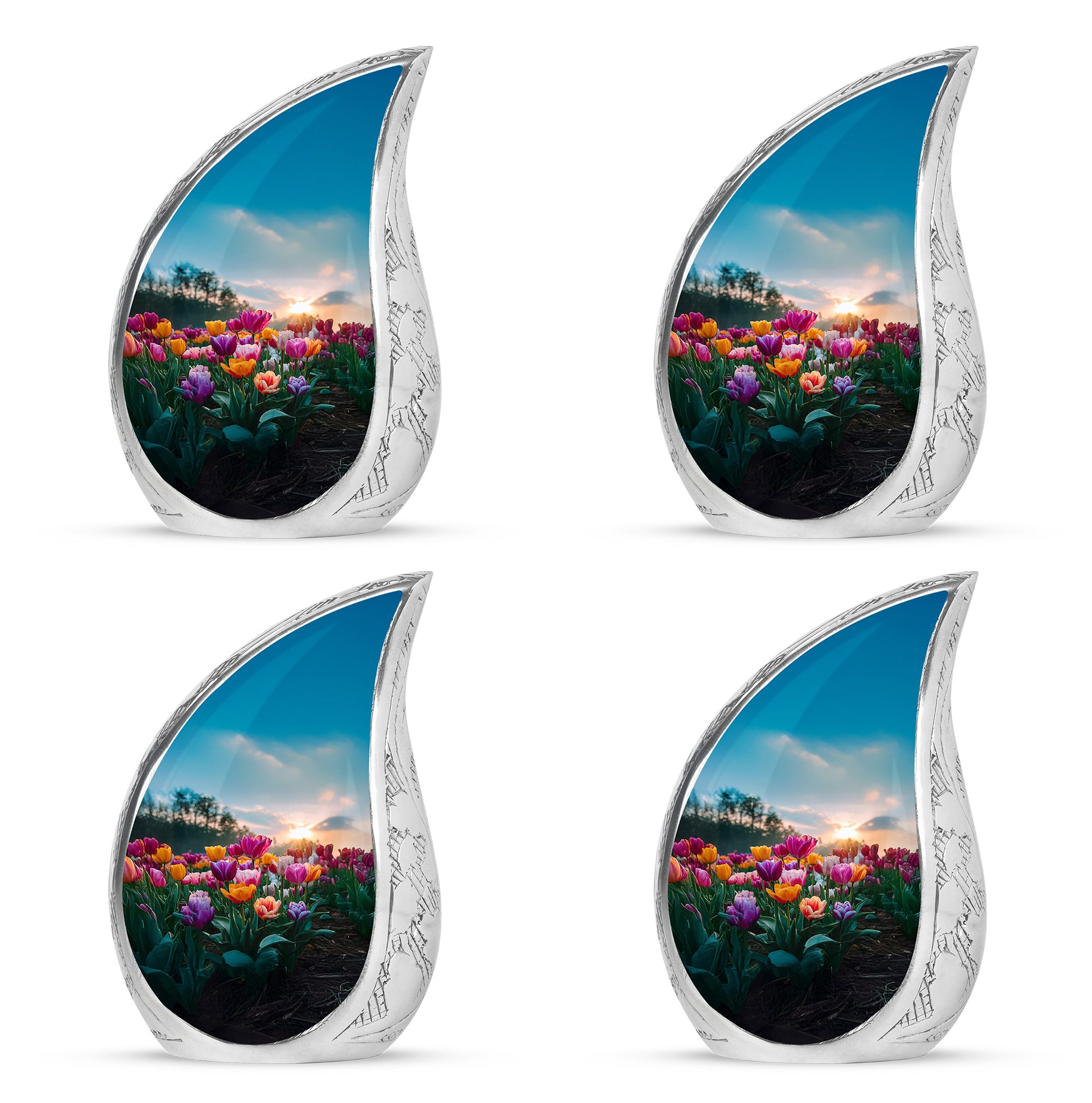 Twilight Blue Garden Tulip Cremation Urn close-up of engraving and surface detail - graceful tear-shaped urn with garden tulip motif - 10 inch aluminum urn for cremated remains