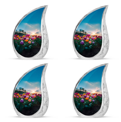 Twilight Blue Garden Tulip Cremation Urn close-up of engraving and surface detail - graceful tear-shaped urn with garden tulip motif - 10 inch aluminum urn for cremated remains
