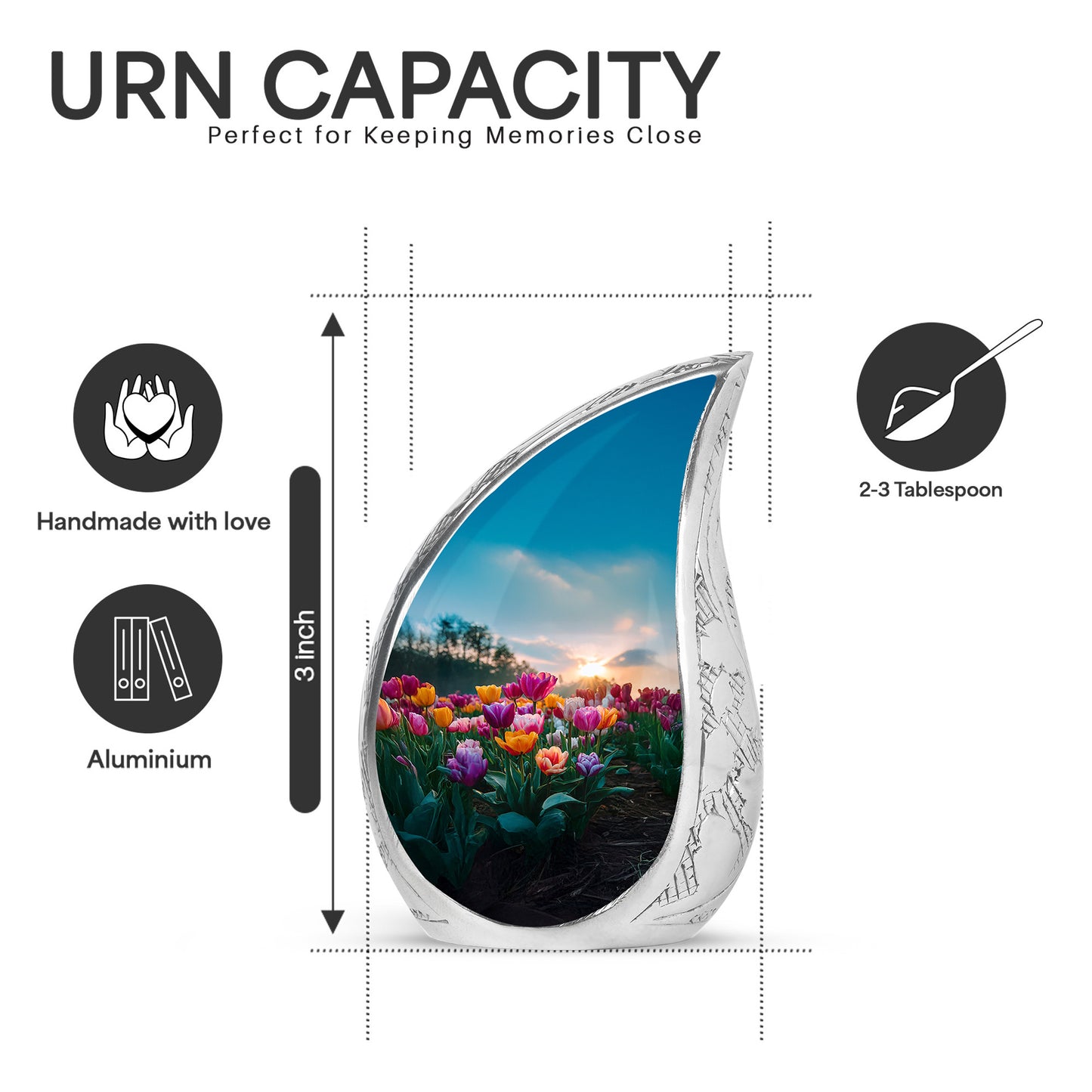 Bright Blue Garden Tulip Cremation Urn angled view of lid and engraved motif - graceful tear-shaped urn with garden tulip motif - mini keepsake memorial for portion of cremation ashes