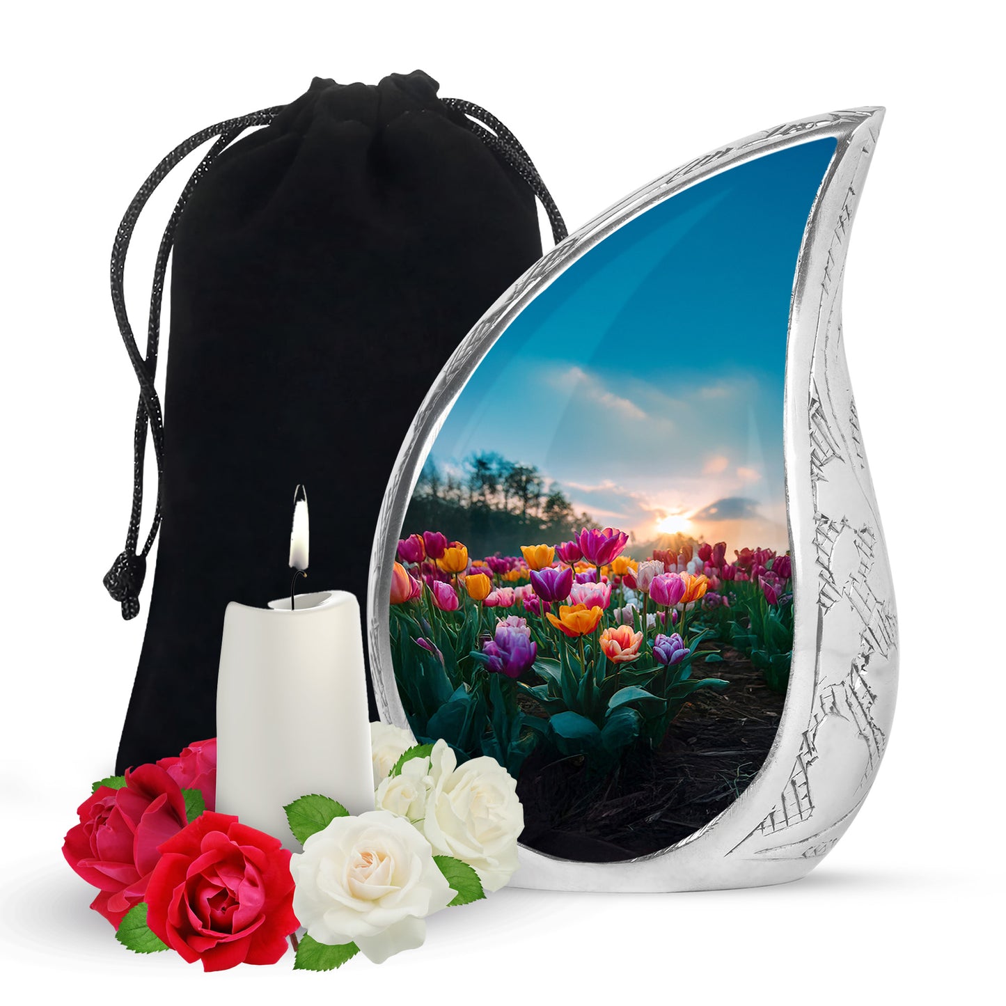 Sapphire Blue Garden Tulip Cremation Urn front view showing detailed design - smooth teardrop contour featuring garden tulip art - full-size 10 inch 200 cubic inch adult cremation urn