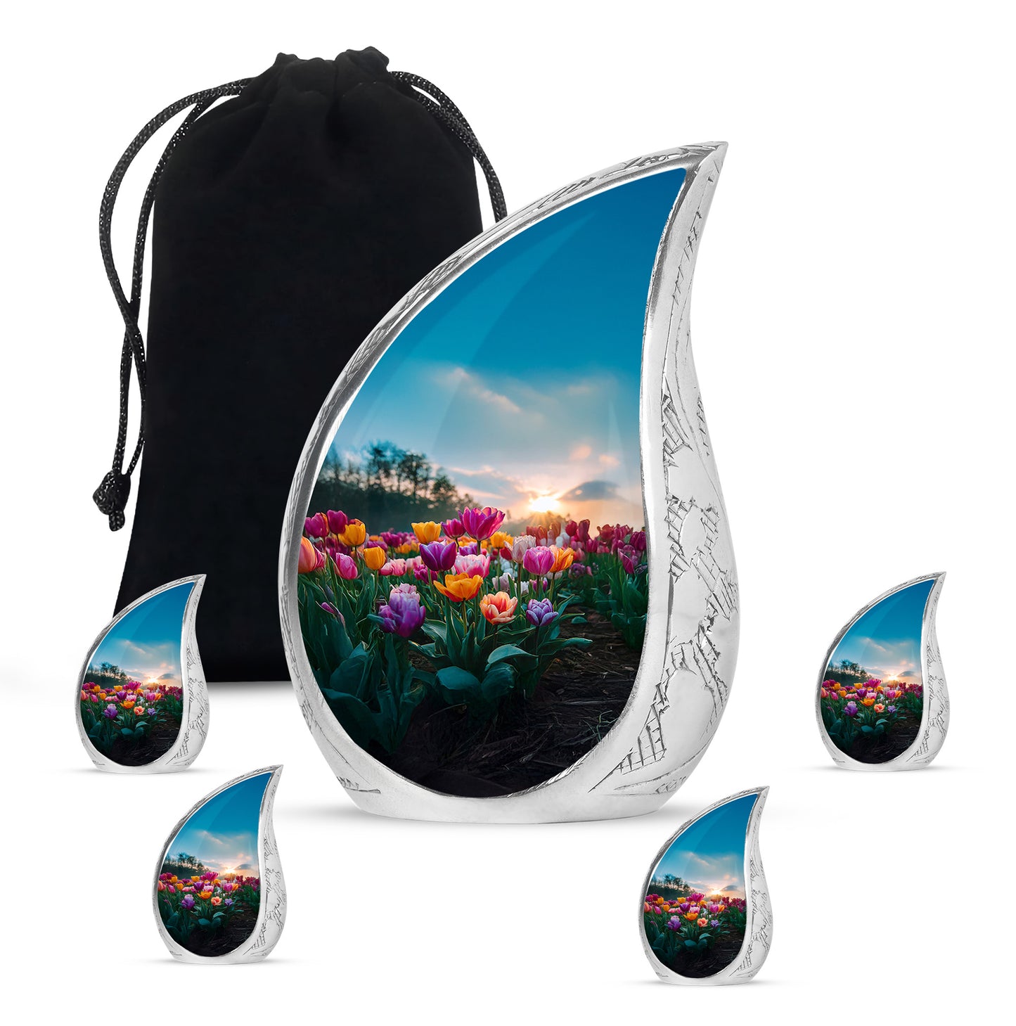 Calming Blue Garden Tulip Cremation Urn side profile showing urn shape - graceful tear-shaped urn with garden tulip motif - memorial set with one large and four small urns