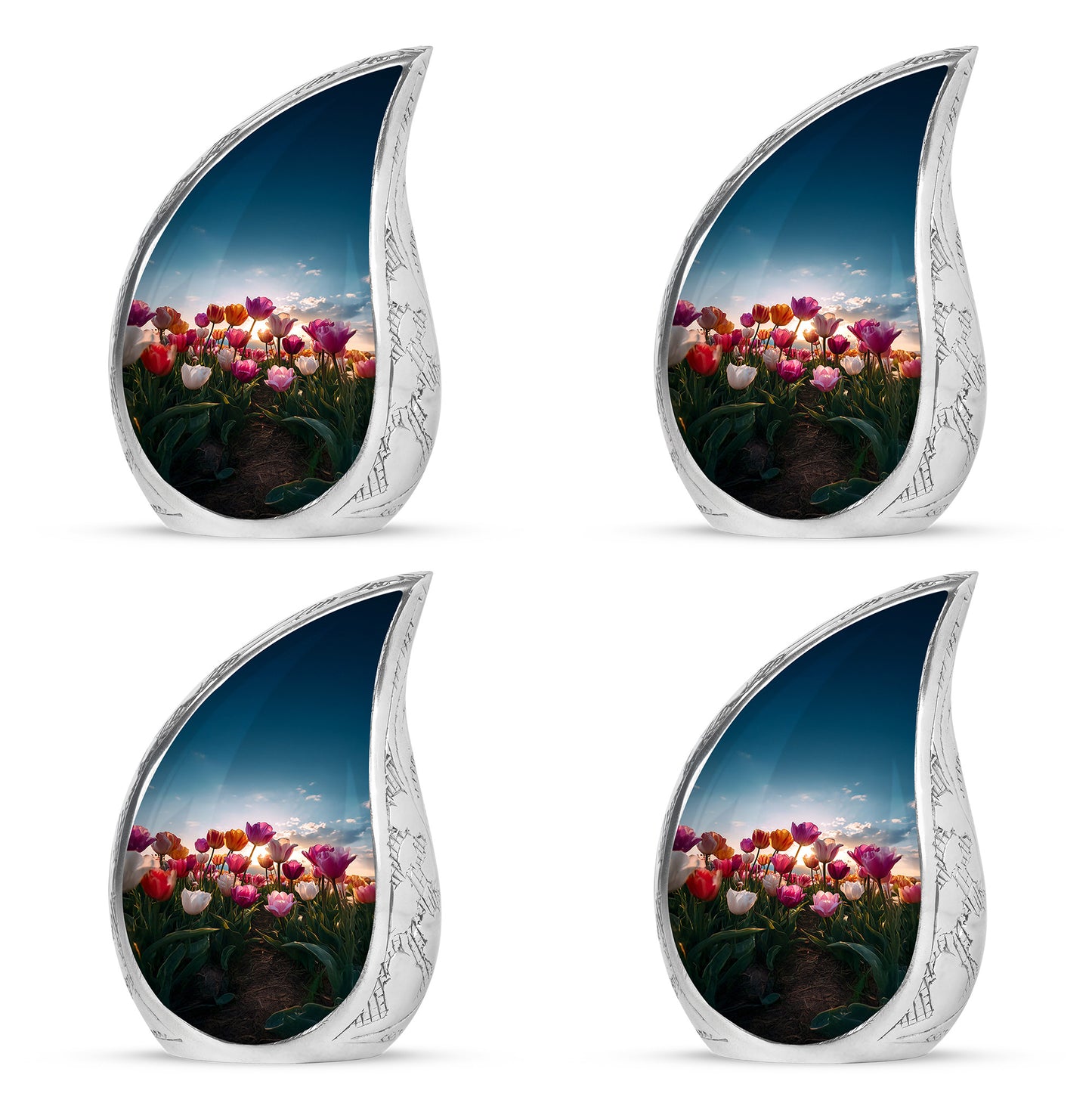 Bright Blue Garden Tulip Cremation Urn close-up of engraving and surface detail - graceful tear-shaped urn with garden tulip motif - 10 inch aluminum urn for cremated remains