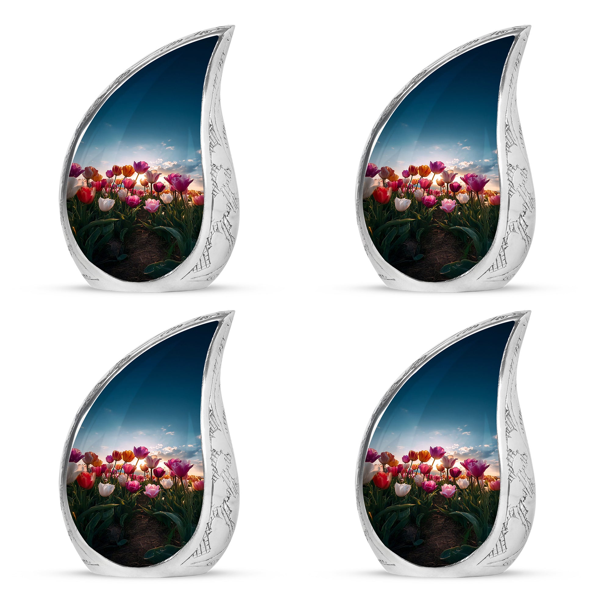 Bright Blue Garden Tulip Cremation Urn close-up of engraving and surface detail - graceful tear-shaped urn with garden tulip motif - 10 inch aluminum urn for cremated remains