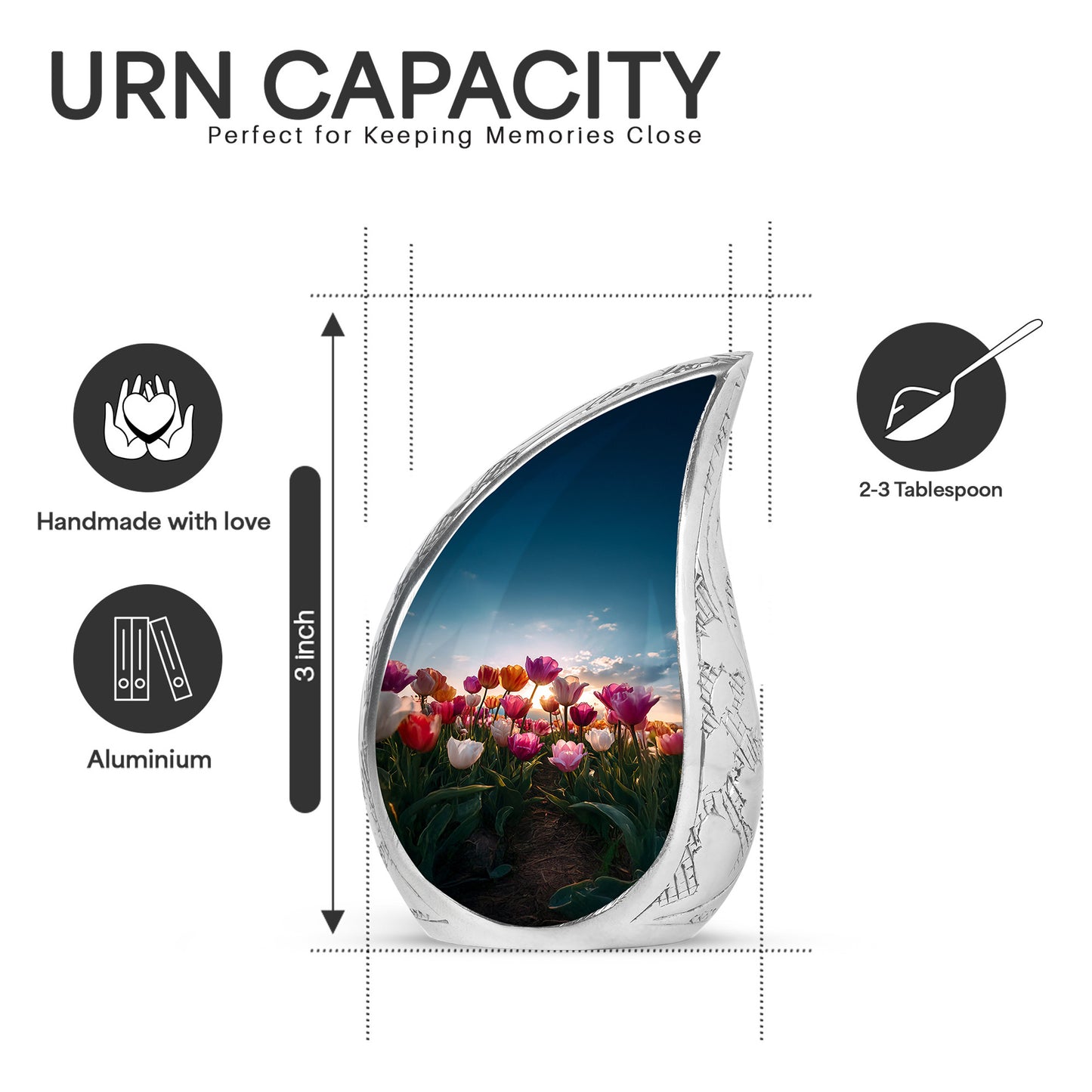 Sapphire Blue Garden Tulip Cremation Urn angled view of lid and engraved motif - smooth teardrop contour featuring garden tulip art - mini keepsake memorial for portion of cremation ashes