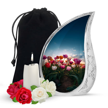 Navy Blue Garden Tulip Cremation Urn front view showing detailed design - rounded teardrop garden tulip design with delicate detail - full-size 10 inch 200 cubic inch adult cremation urn