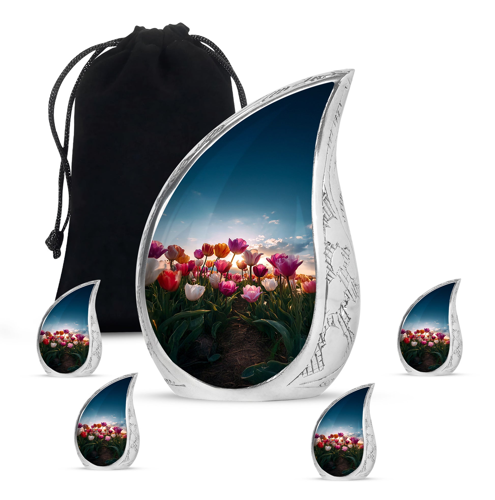 Vivid Blue Garden Tulip Cremation Urn side profile showing urn shape - smooth teardrop contour featuring garden tulip art - memorial set with one large and four small urns