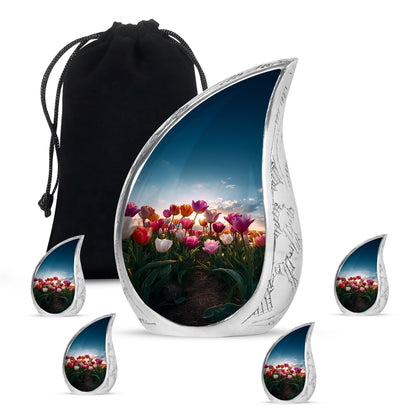 Vivid Blue Garden Tulip Cremation Urn side profile showing urn shape - smooth teardrop contour featuring garden tulip art - memorial set with one large and four small urns