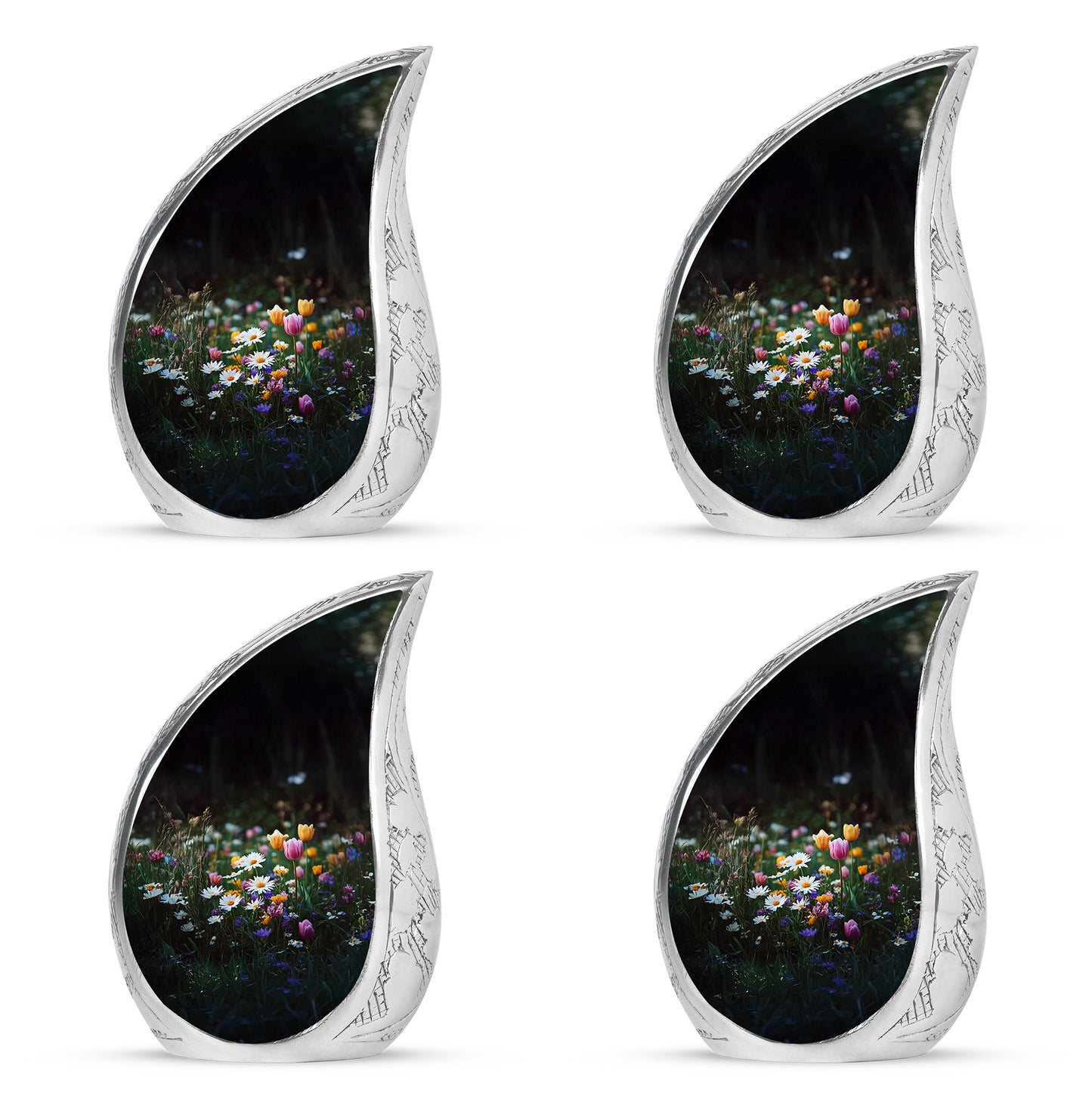 Rich Black Garden Tulip Cremation Urn close-up of engraving and surface detail - rounded teardrop garden tulip design with delicate detail - 10 inch aluminum urn for cremated remains