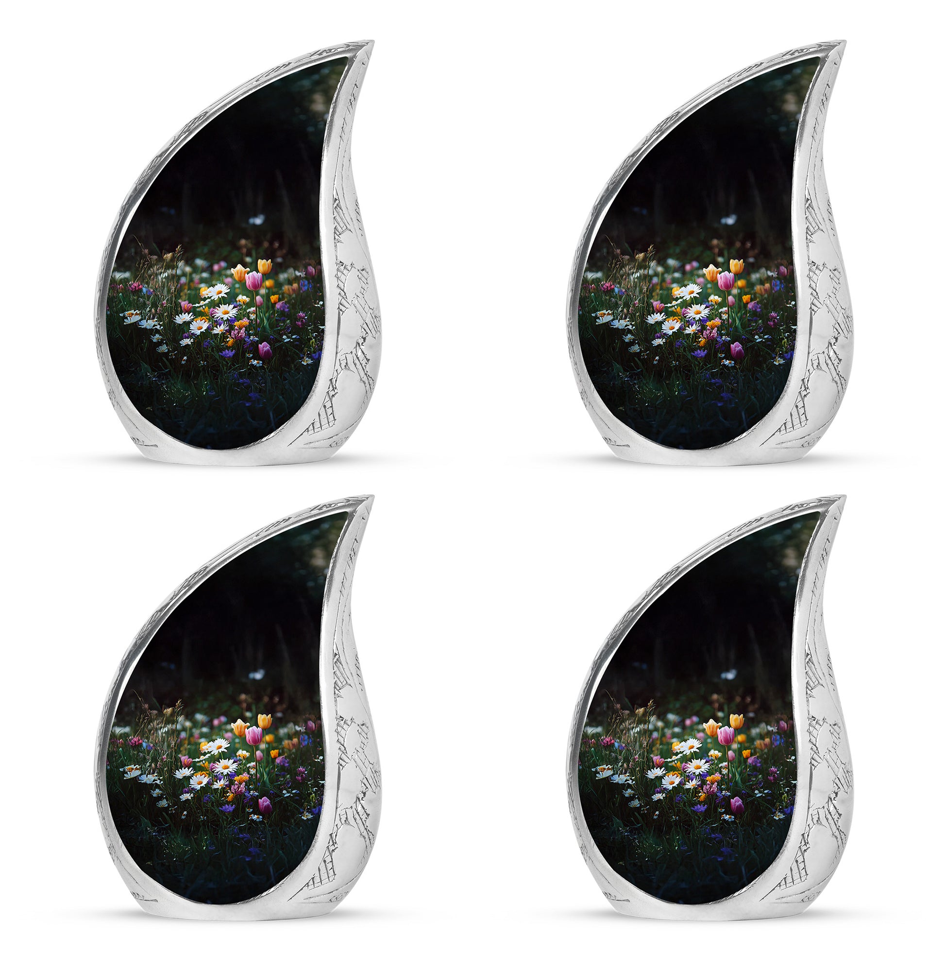 Rich Black Garden Tulip Cremation Urn close-up of engraving and surface detail - rounded teardrop garden tulip design with delicate detail - 10 inch aluminum urn for cremated remains