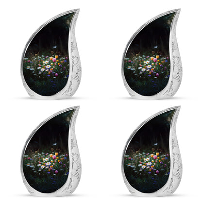 Rich Black Garden Tulip Cremation Urn close-up of engraving and surface detail - rounded teardrop garden tulip design with delicate detail - 10 inch aluminum urn for cremated remains