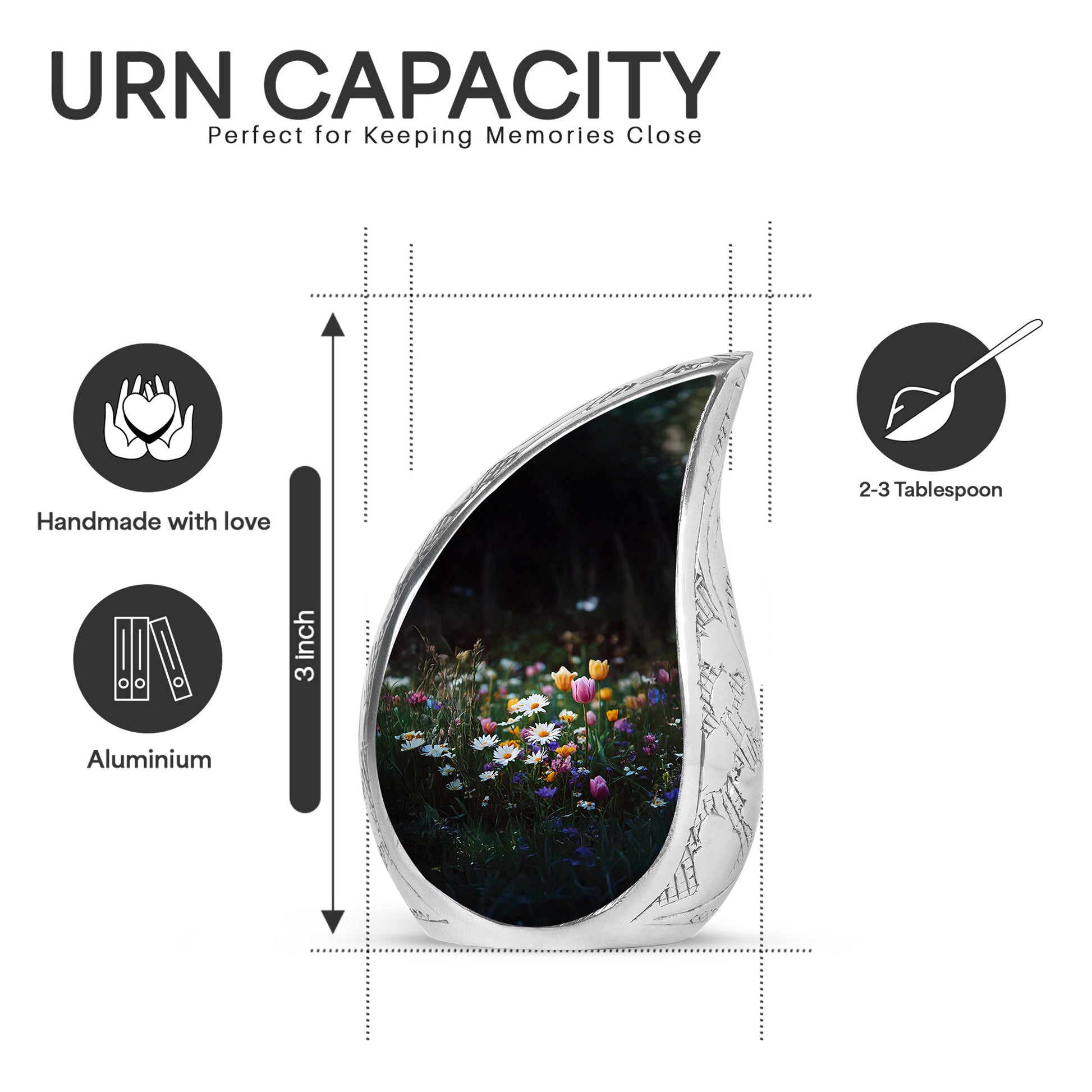 Glossy Black Garden Tulip Cremation Urn angled view of lid and engraved motif - rounded teardrop garden tulip design with delicate detail - mini keepsake memorial for portion of cremation ashes
