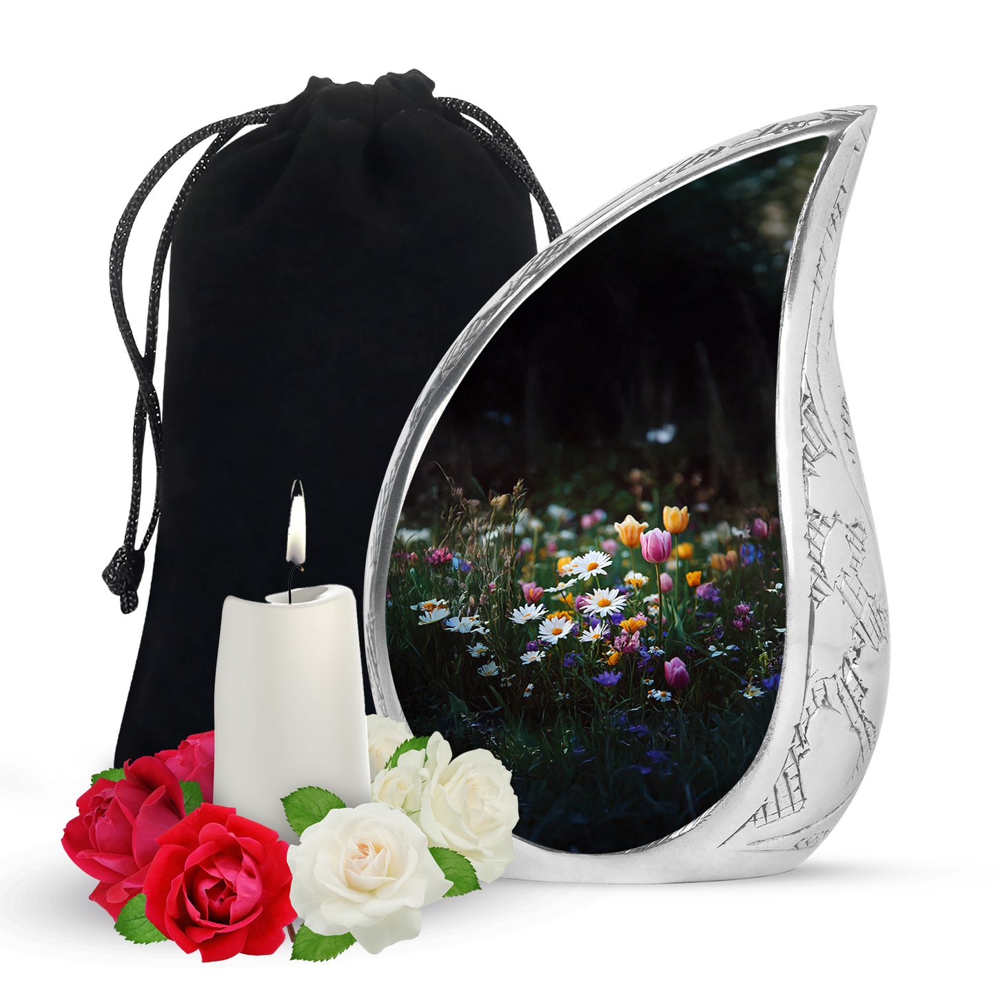 Deep Black Garden Tulip Cremation Urn front view showing detailed design - rounded teardrop garden tulip design with delicate detail - full-size 10 inch 200 cubic inch adult cremation urn