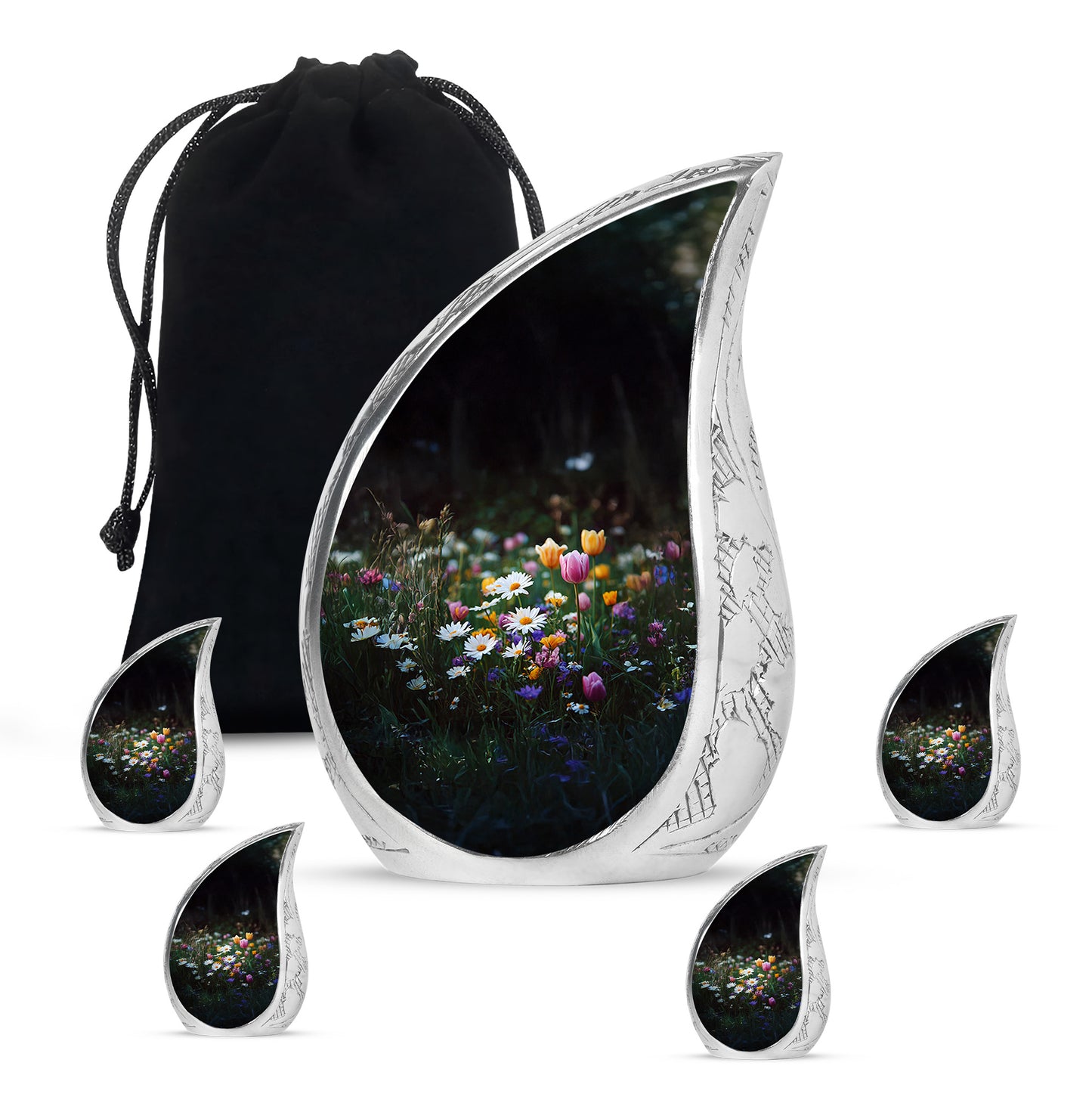 Dark Black Garden Tulip Cremation Urn side profile showing urn shape - graceful tear-shaped urn with garden tulip motif - memorial set with one large and four small urns