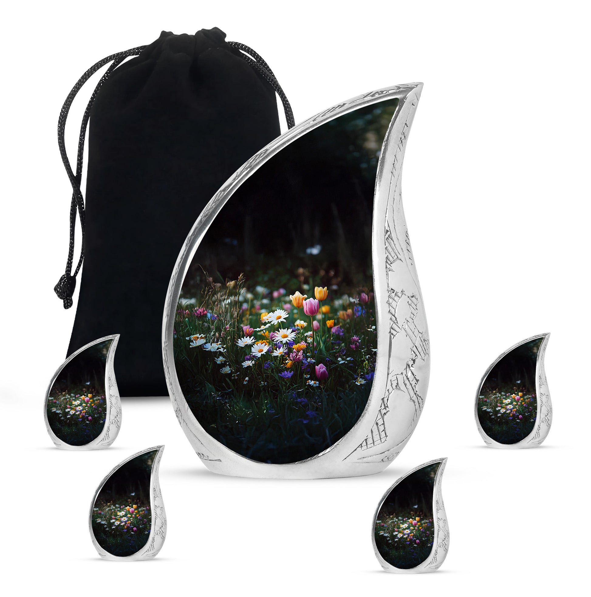 Dark Black Garden Tulip Cremation Urn side profile showing urn shape - graceful tear-shaped urn with garden tulip motif - memorial set with one large and four small urns