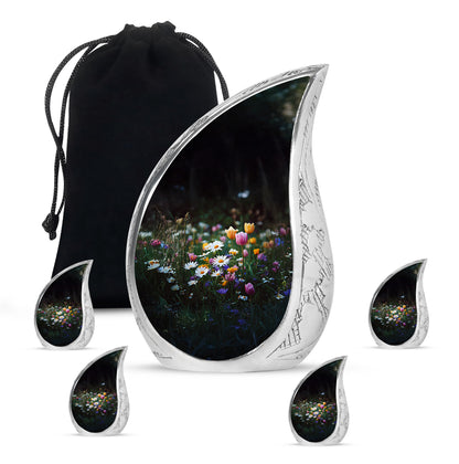 Dark Black Garden Tulip Cremation Urn side profile showing urn shape - graceful tear-shaped urn with garden tulip motif - memorial set with one large and four small urns
