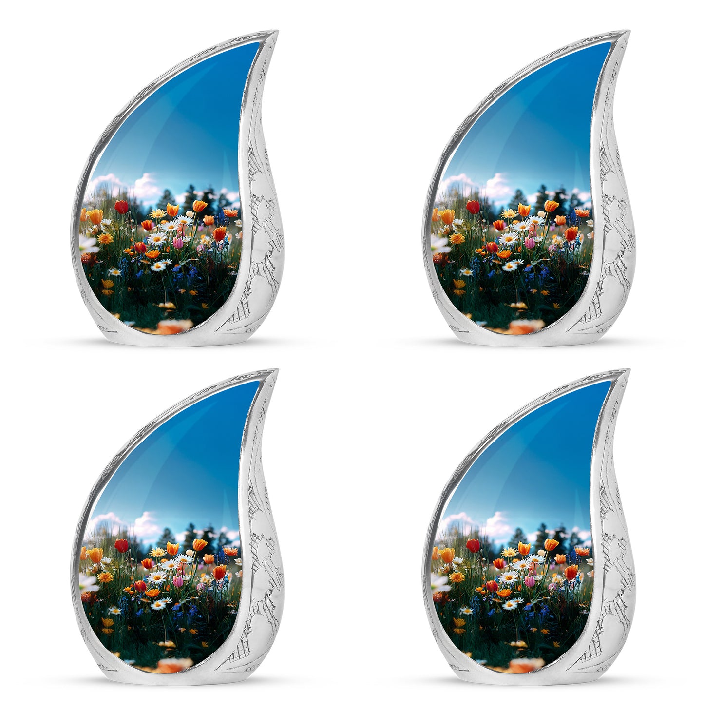 Serene Blue Garden Tulip Cremation Urn close-up of engraving and surface detail - smooth teardrop contour featuring garden tulip art - 10 inch aluminum urn for cremated remains