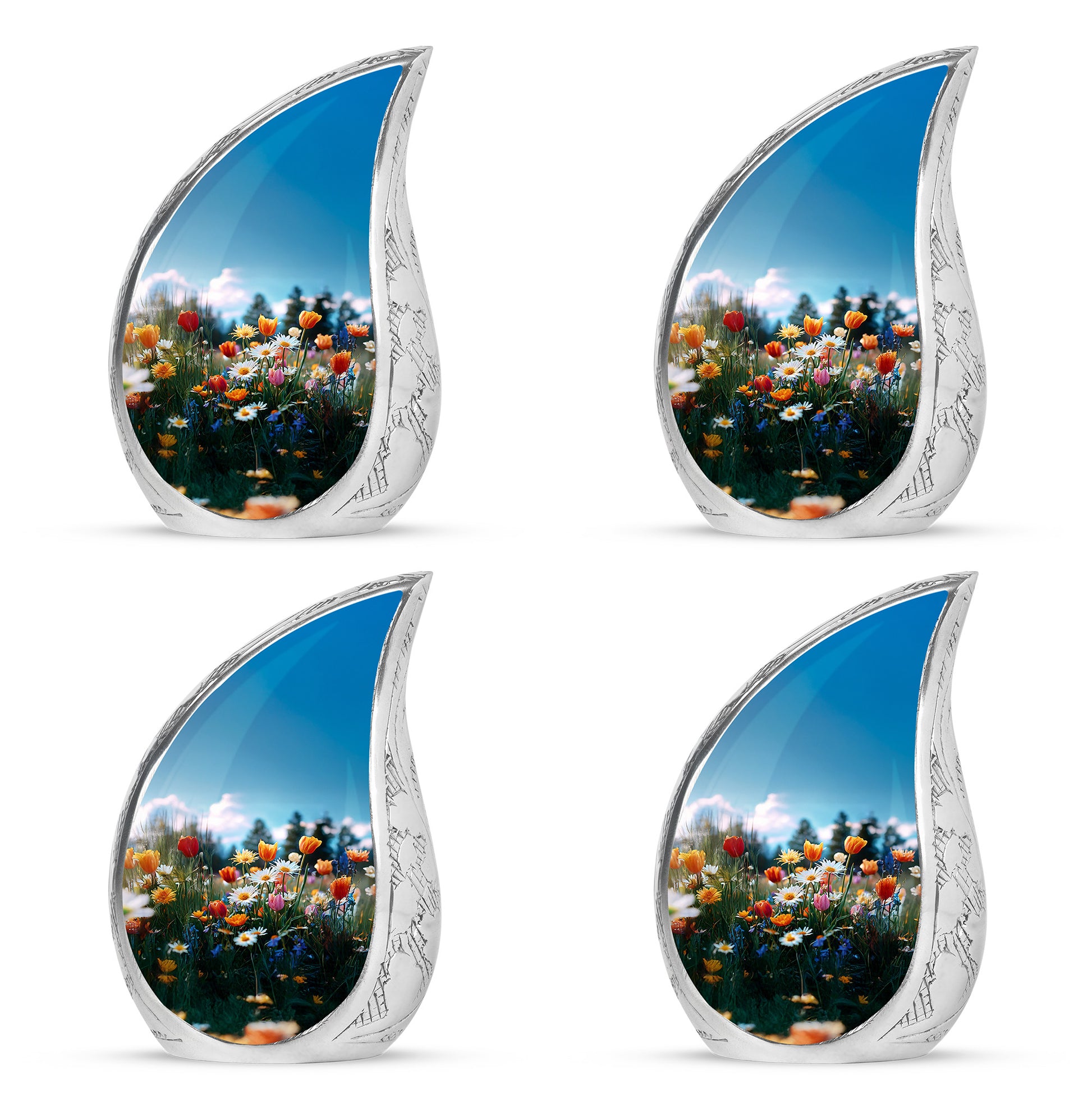 Serene Blue Garden Tulip Cremation Urn close-up of engraving and surface detail - smooth teardrop contour featuring garden tulip art - 10 inch aluminum urn for cremated remains