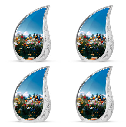 Serene Blue Garden Tulip Cremation Urn close-up of engraving and surface detail - smooth teardrop contour featuring garden tulip art - 10 inch aluminum urn for cremated remains