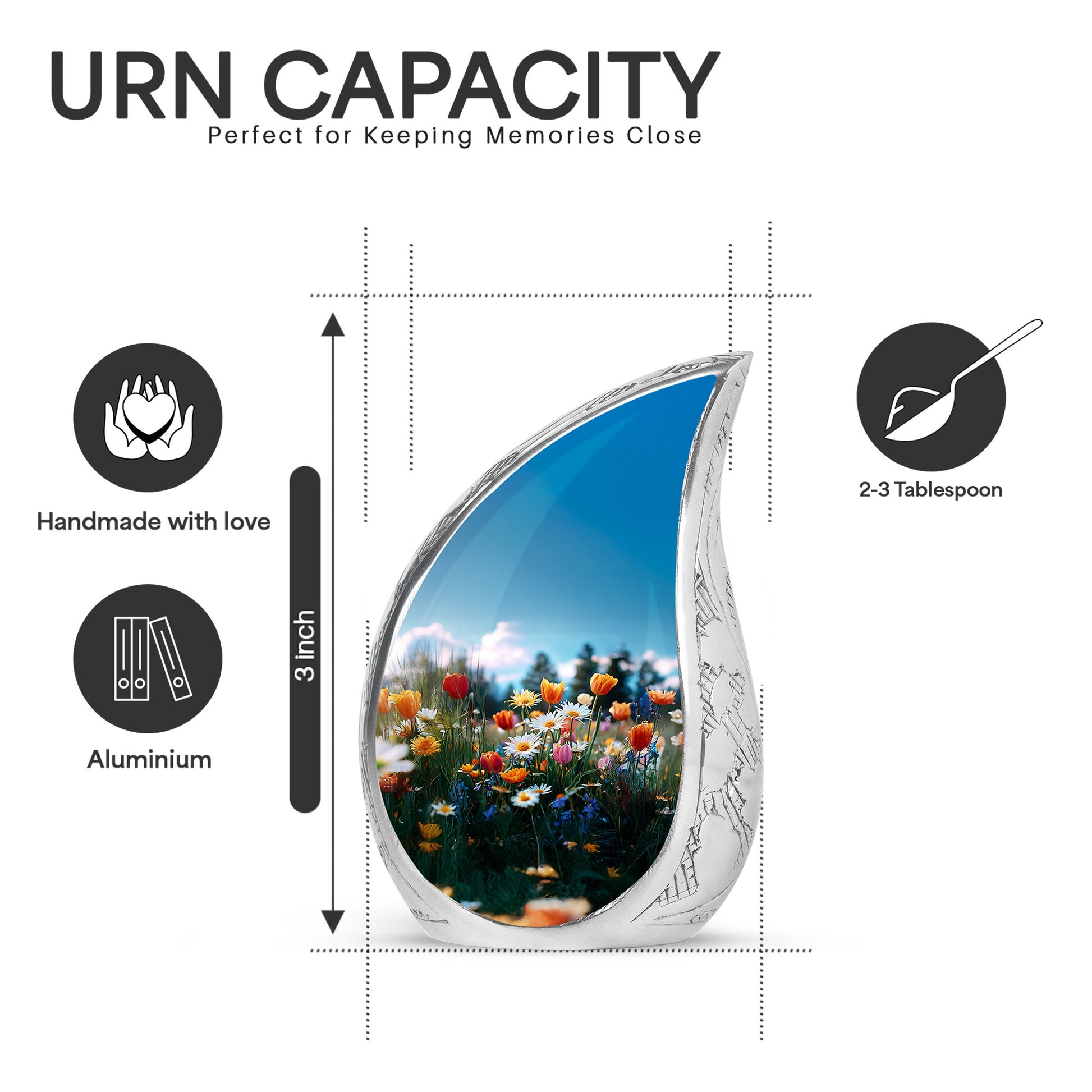 Sky Blue Garden Tulip Cremation Urn angled view of lid and engraved motif - rounded teardrop garden tulip design with delicate detail - mini keepsake memorial for portion of cremation ashes