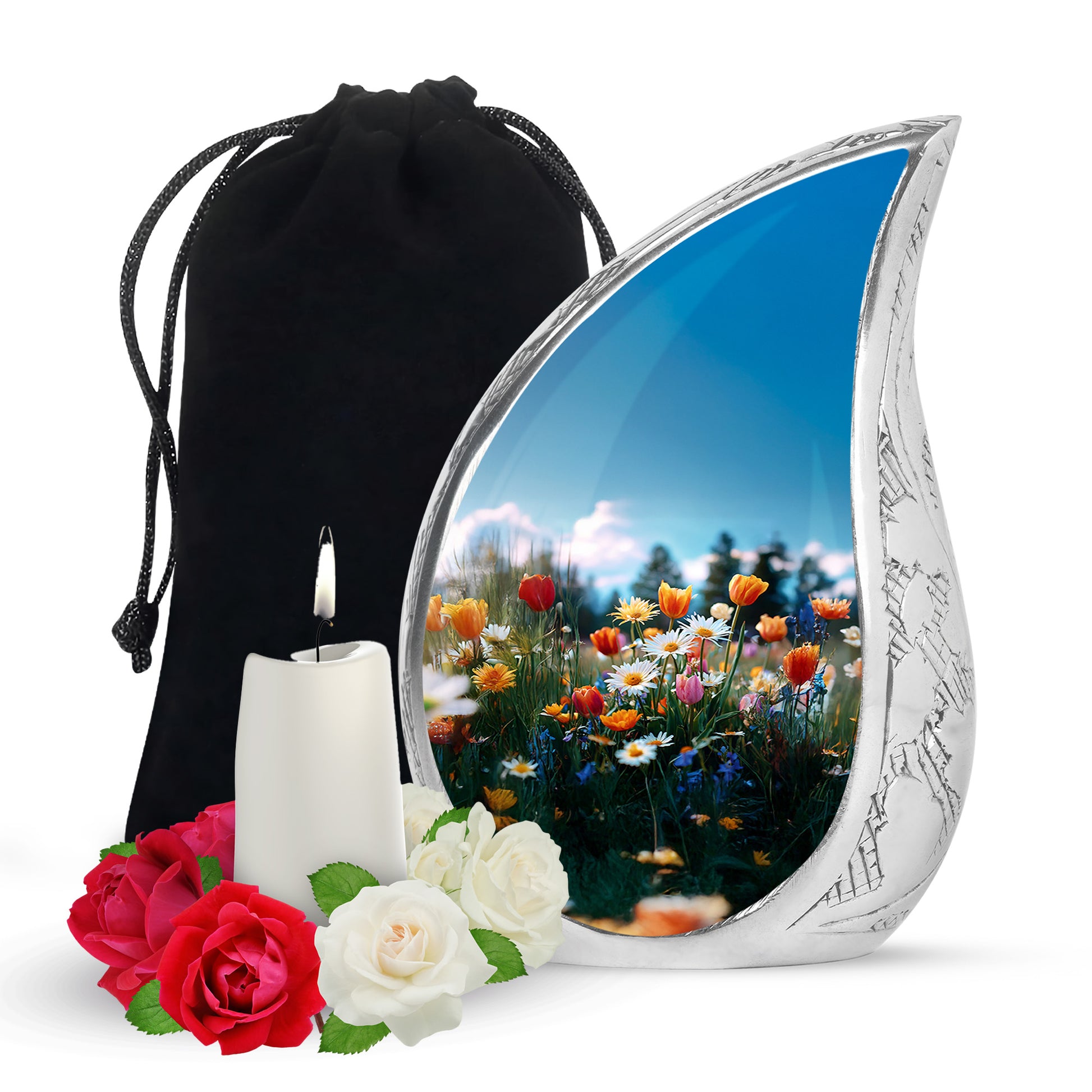 Misty Blue Garden Tulip Cremation Urn front view showing detailed design - rounded teardrop garden tulip design with delicate detail - full-size 10 inch 200 cubic inch adult cremation urn
