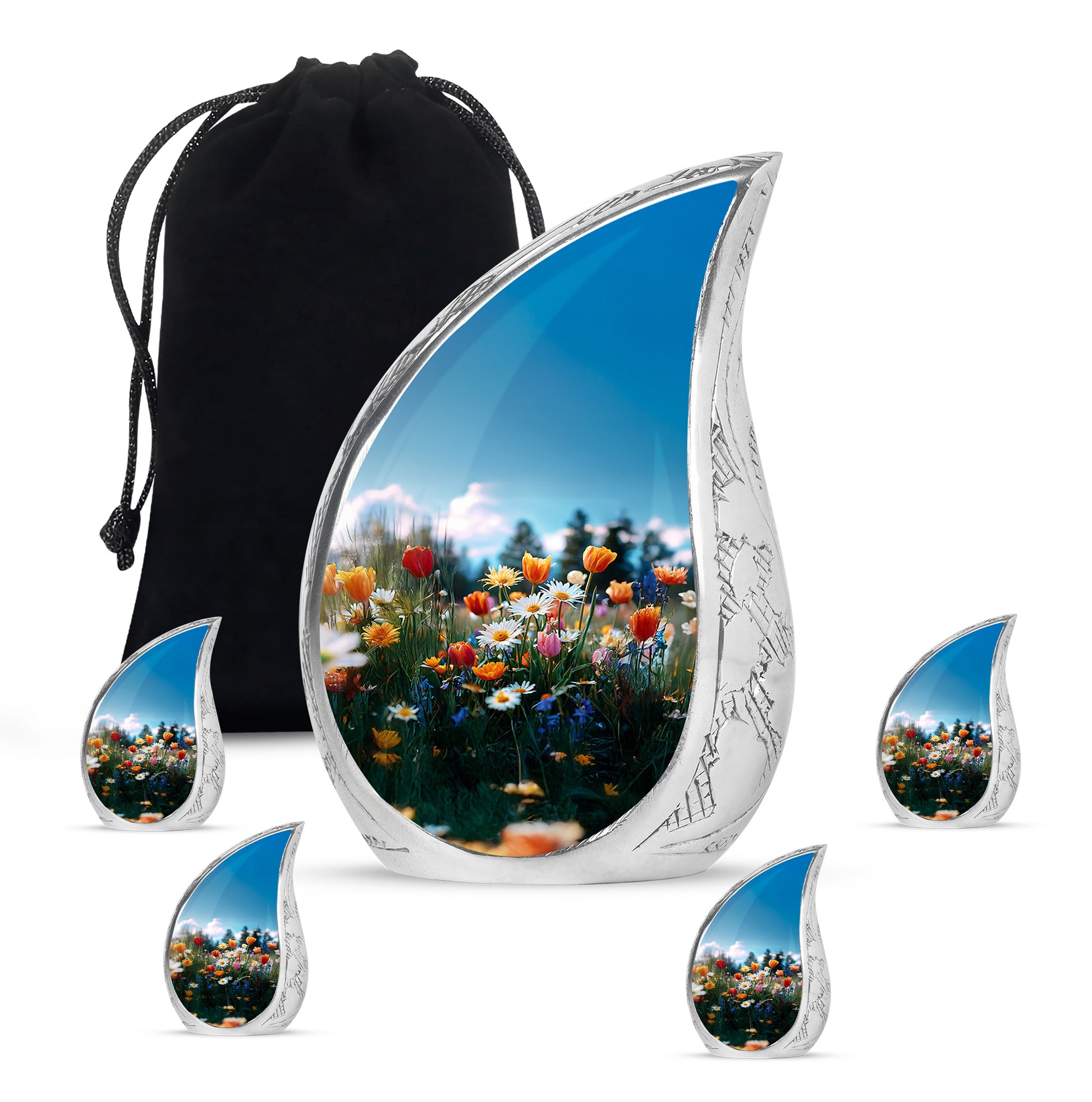 Twilight Blue Garden Tulip Cremation Urn side profile showing urn shape - graceful tear-shaped urn with garden tulip motif - memorial set with one large and four small urns