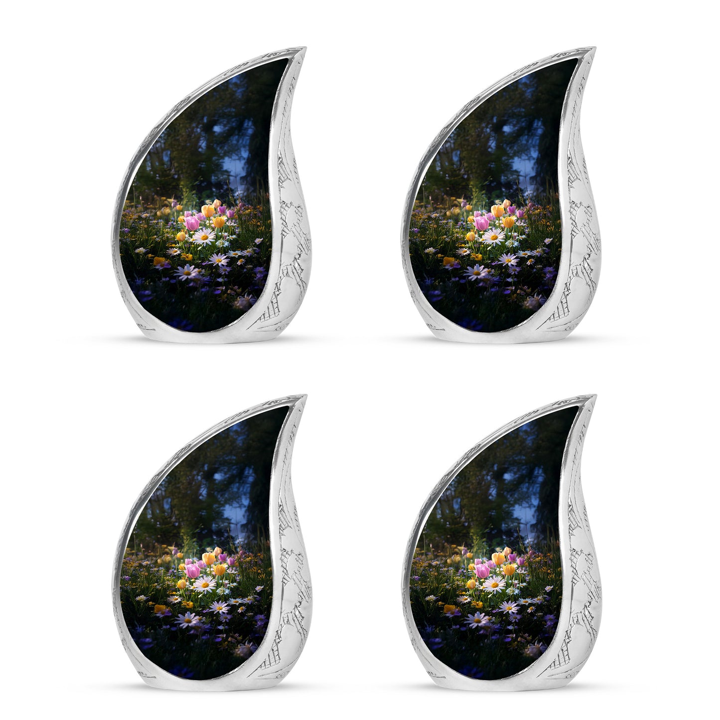 Ebony Garden Tulip Cremation Urn close-up of engraving and surface detail - flowing teardrop garden tulip silhouette on curved aluminum - 10 inch aluminum urn for cremated remains
