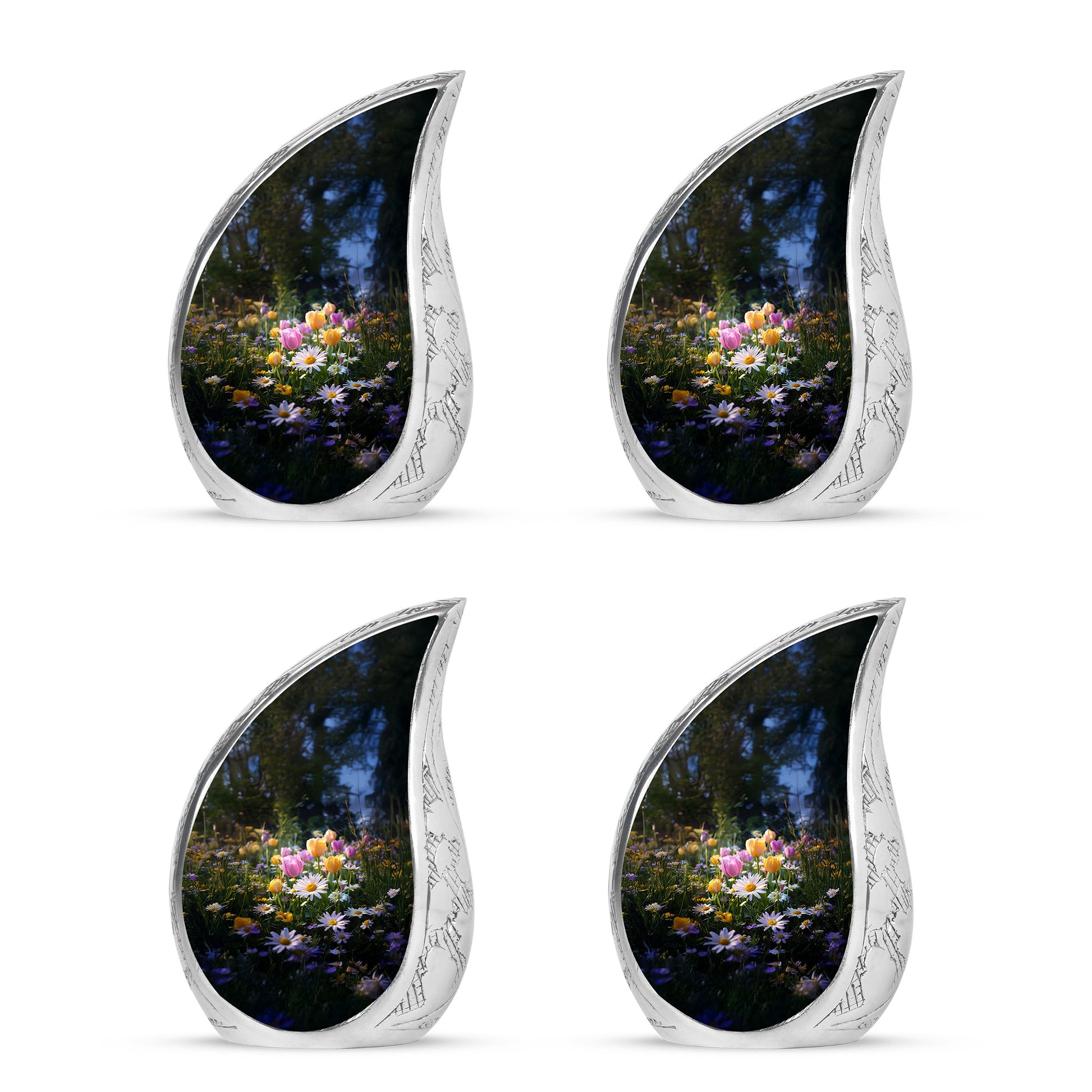 Ebony Garden Tulip Cremation Urn close-up of engraving and surface detail - flowing teardrop garden tulip silhouette on curved aluminum - 10 inch aluminum urn for cremated remains