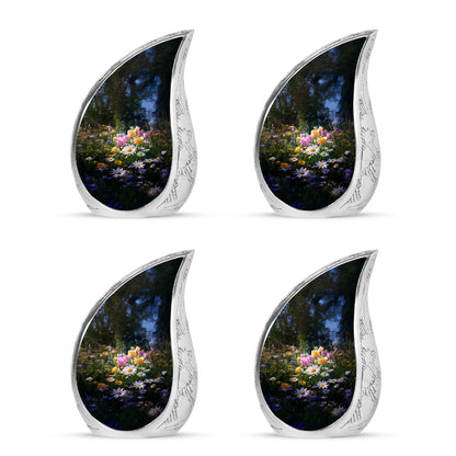 Ebony Garden Tulip Cremation Urn close-up of engraving and surface detail - flowing teardrop garden tulip silhouette on curved aluminum - 10 inch aluminum urn for cremated remains