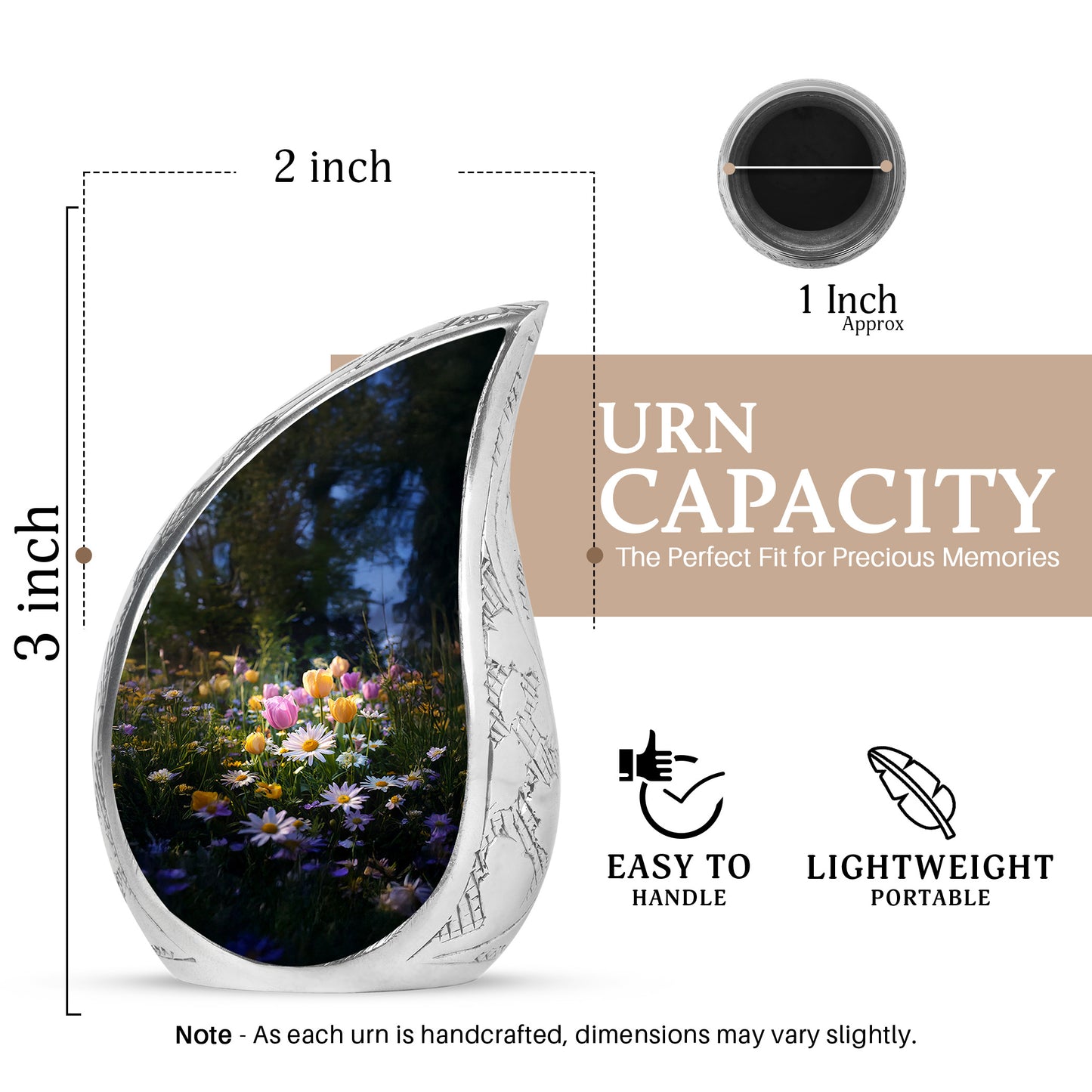 Glossy Black Garden Tulip Cremation Urn angled view of lid and engraved motif - flowing teardrop garden tulip silhouette on curved aluminum - mini keepsake memorial for portion of cremation ashes