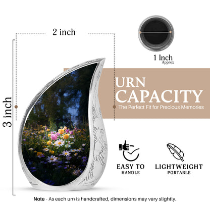 Glossy Black Garden Tulip Cremation Urn angled view of lid and engraved motif - flowing teardrop garden tulip silhouette on curved aluminum - mini keepsake memorial for portion of cremation ashes