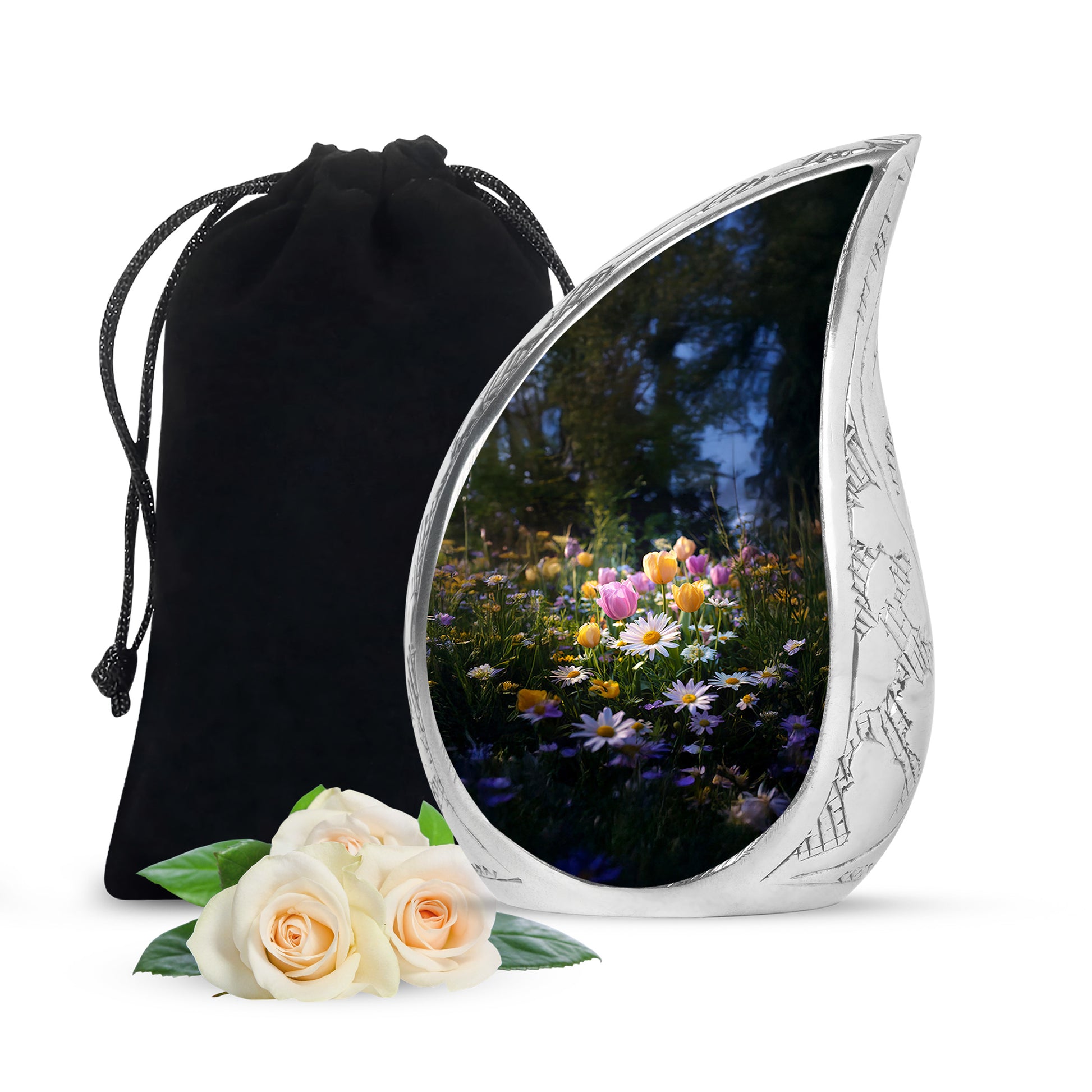 Charcoal Black Garden Tulip Cremation Urn front view showing detailed design - graceful tear-shaped urn with garden tulip motif - full-size 10 inch 200 cubic inch adult cremation urn