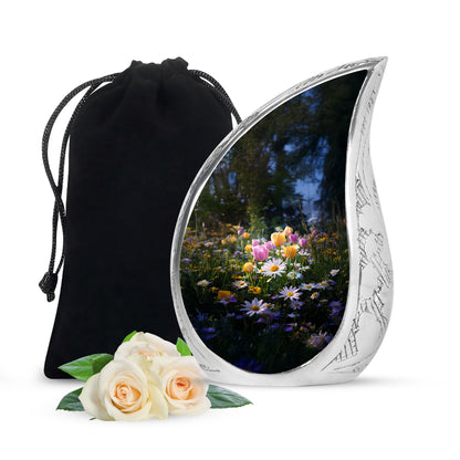 Charcoal Black Garden Tulip Cremation Urn front view showing detailed design - graceful tear-shaped urn with garden tulip motif - full-size 10 inch 200 cubic inch adult cremation urn