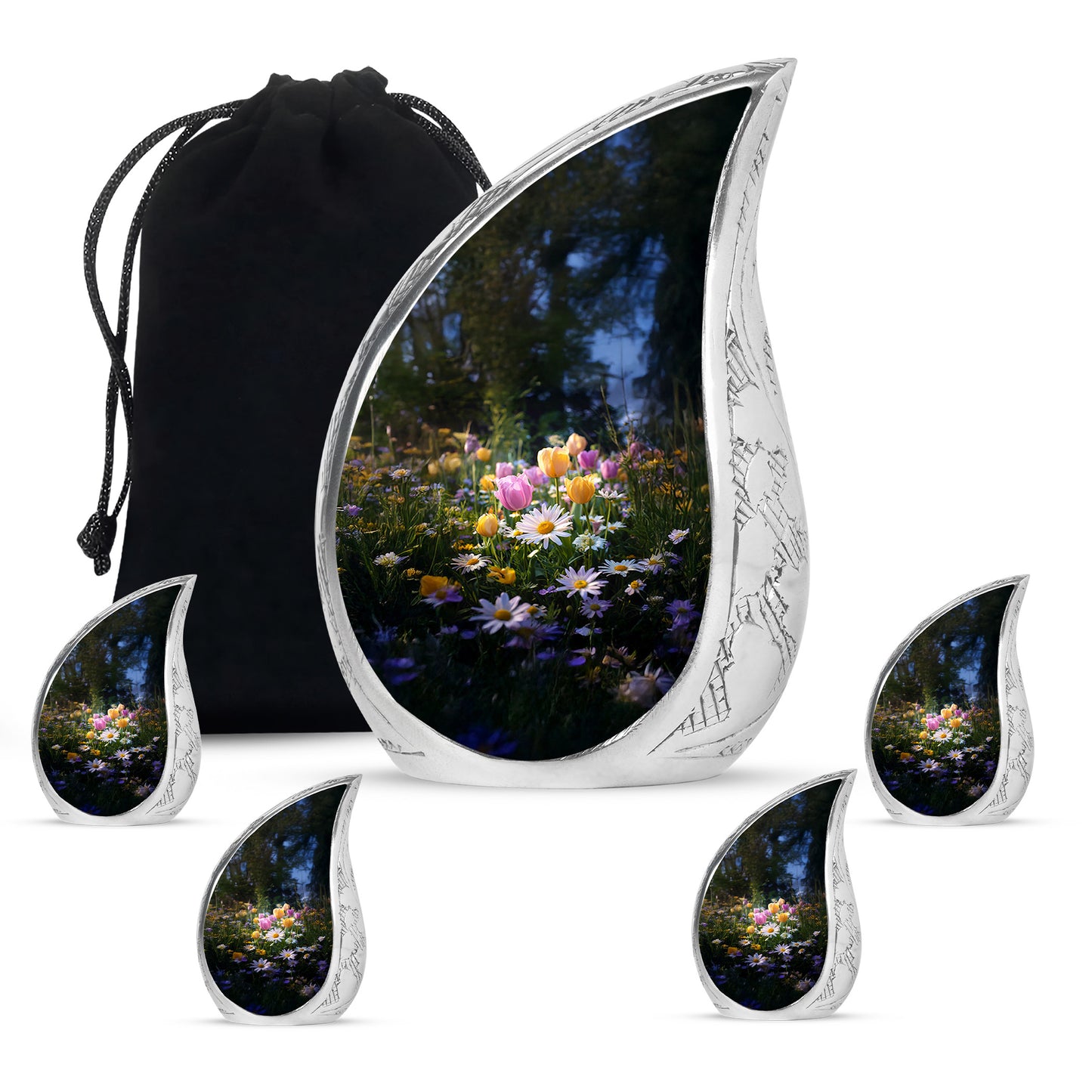 Rich Black Garden Tulip Cremation Urn side profile showing urn shape - rounded teardrop garden tulip design with delicate detail - memorial set with one large and four small urns