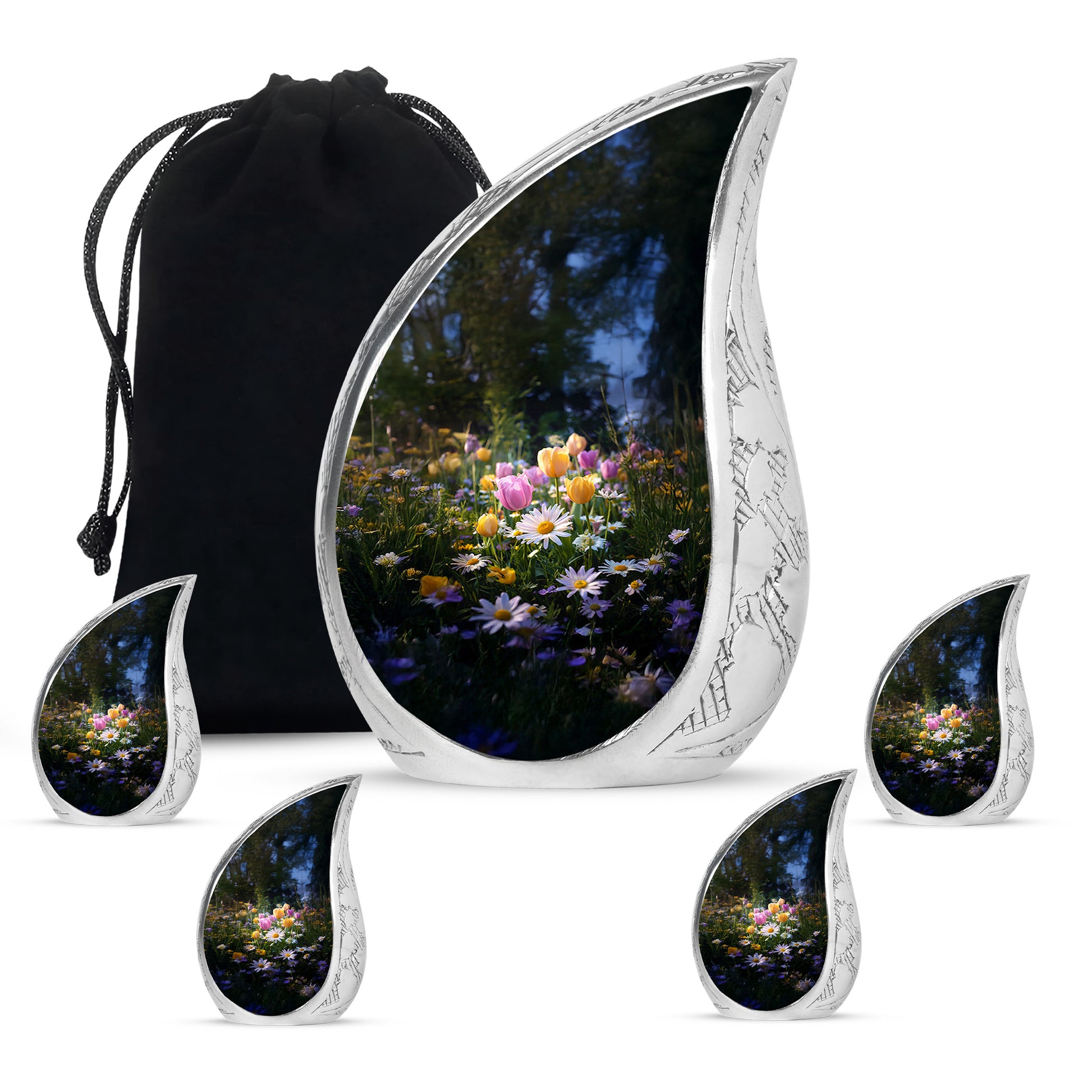 Rich Black Garden Tulip Cremation Urn side profile showing urn shape - rounded teardrop garden tulip design with delicate detail - memorial set with one large and four small urns