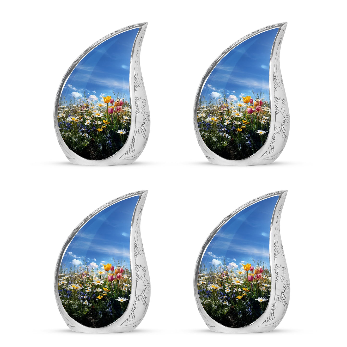 Sky Blue Garden Tulip Cremation Urn close-up of engraving and surface detail - rounded teardrop garden tulip design with delicate detail - 10 inch aluminum urn for cremated remains