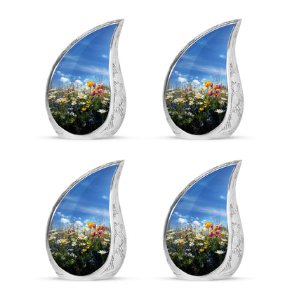 Sky Blue Garden Tulip Cremation Urn close-up of engraving and surface detail - rounded teardrop garden tulip design with delicate detail - 10 inch aluminum urn for cremated remains
