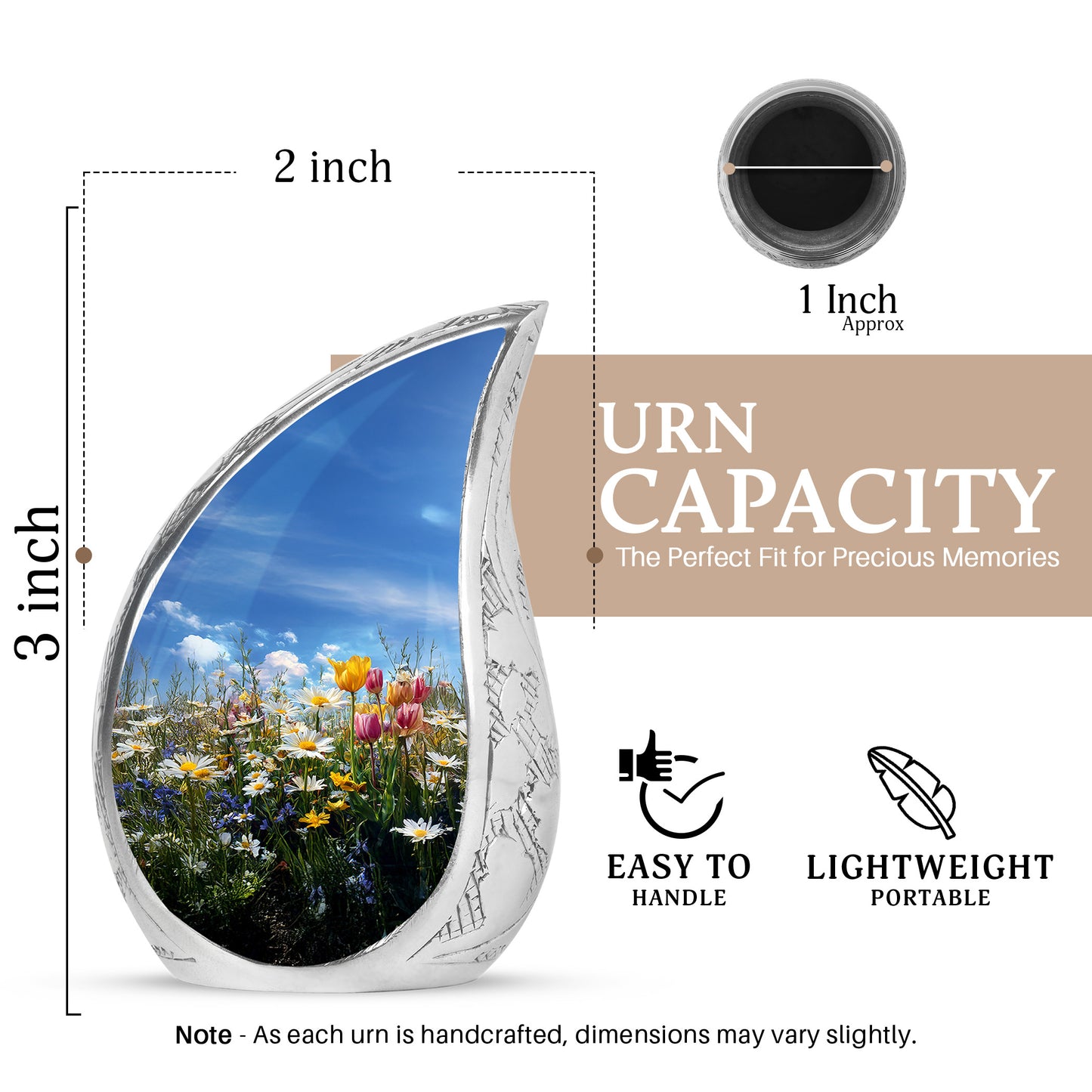 Royal Blue Garden Tulip Cremation Urn angled view of lid and engraved motif - smooth teardrop contour featuring garden tulip art - mini keepsake memorial for portion of cremation ashes