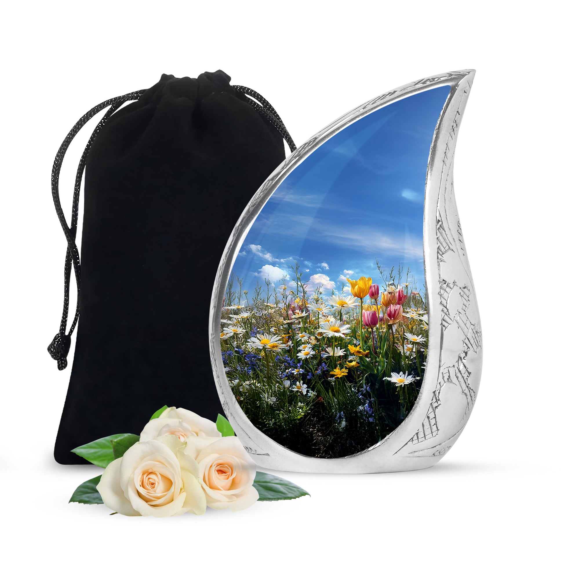 Cornflower Blue Garden Tulip Cremation Urn front view showing detailed design - smooth teardrop contour featuring garden tulip art - full-size 10 inch 200 cubic inch adult cremation urn