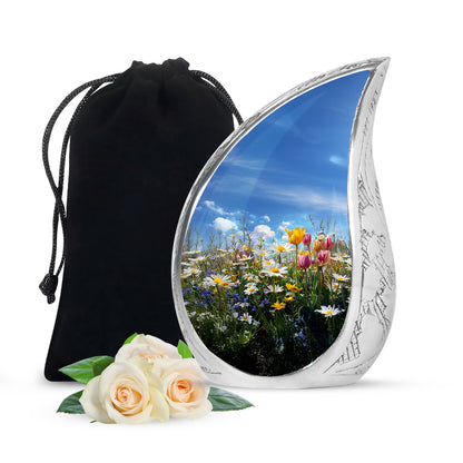Cornflower Blue Garden Tulip Cremation Urn front view showing detailed design - smooth teardrop contour featuring garden tulip art - full-size 10 inch 200 cubic inch adult cremation urn