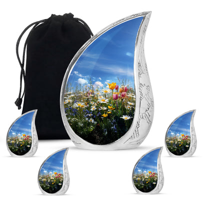 Royal Blue Garden Tulip Cremation Urn side profile showing urn shape - graceful tear-shaped urn with garden tulip motif - memorial set with one large and four small urns