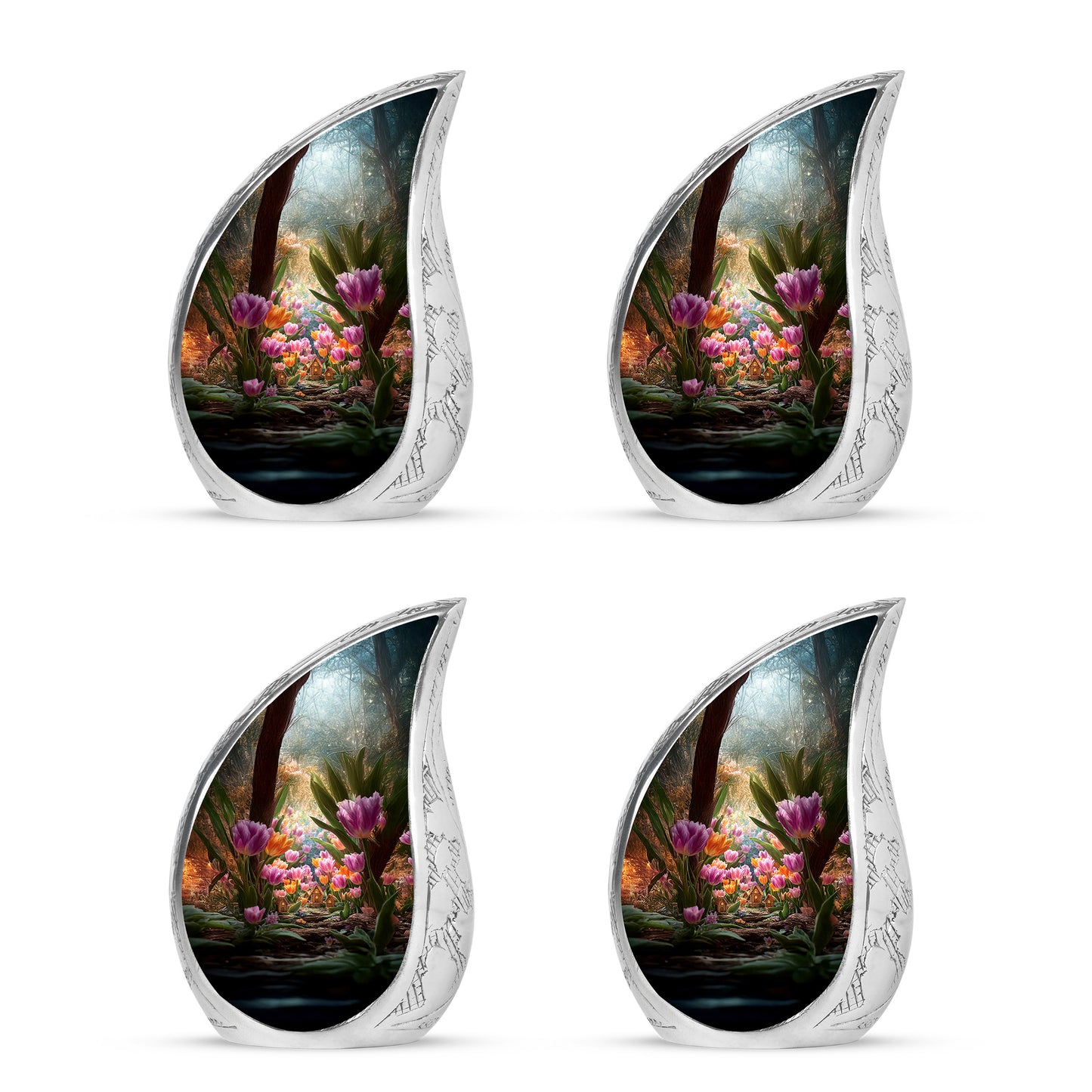 Antique Gold Garden Tulip Cremation Urn close-up of engraving and surface detail - flowing teardrop garden tulip silhouette on curved aluminum - 10 inch aluminum urn for cremated remains